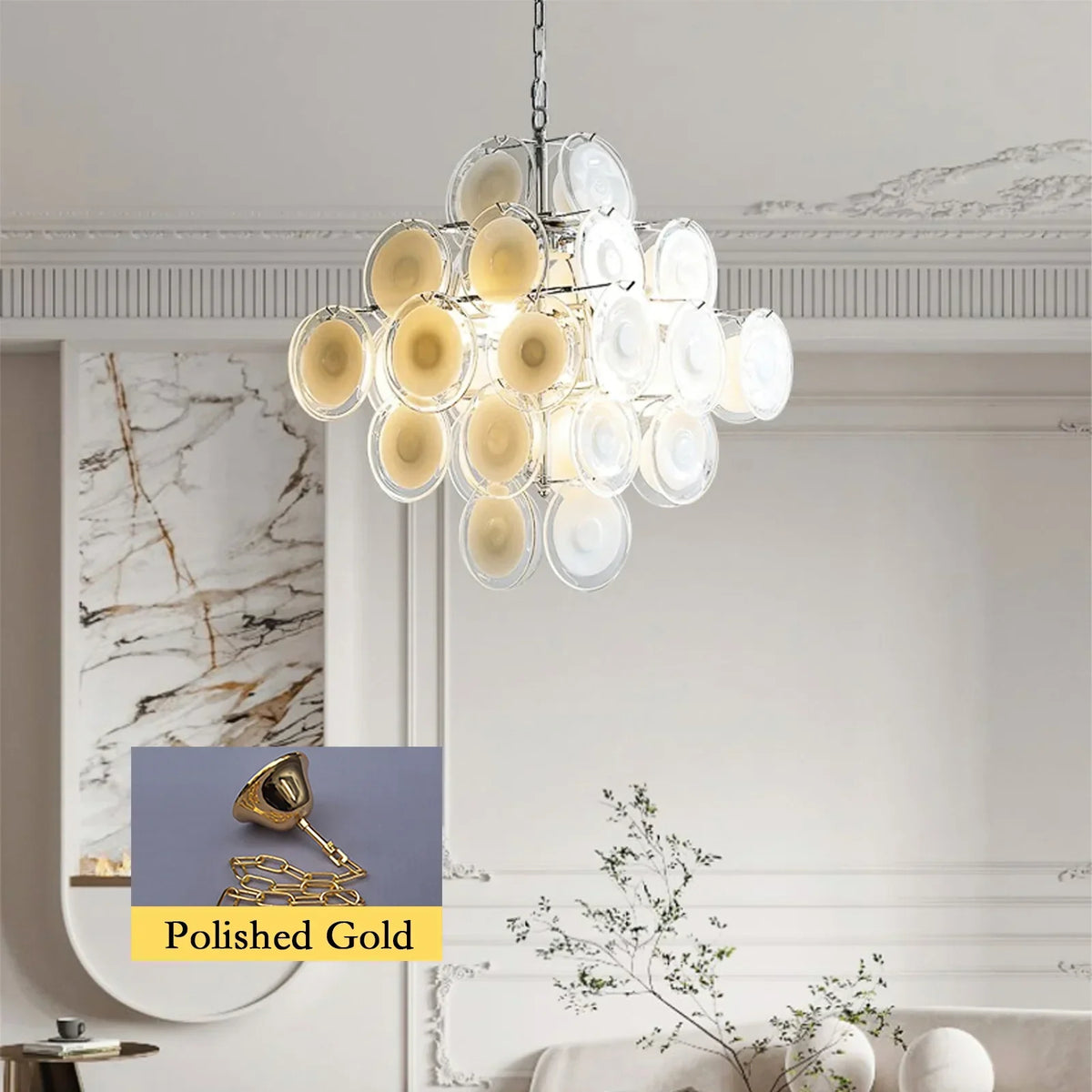 Murano-Style Disc White Clear Glass Chandelier