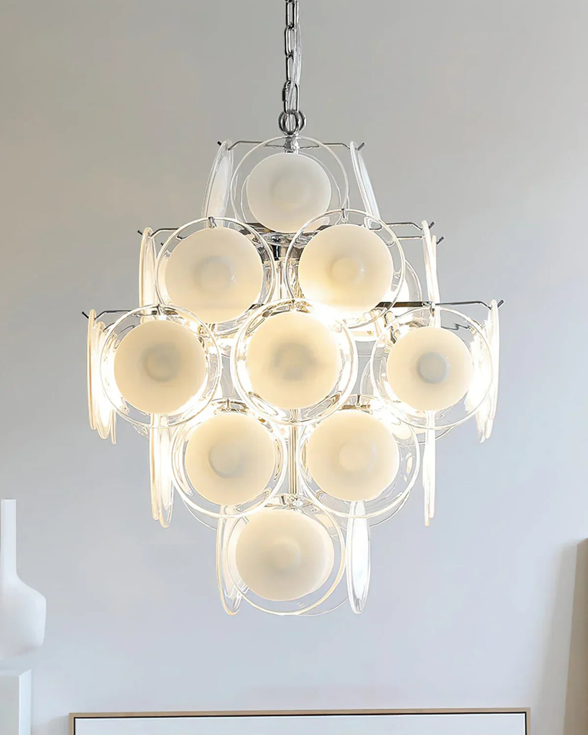 Murano-Style Disc White Clear Glass Chandelier