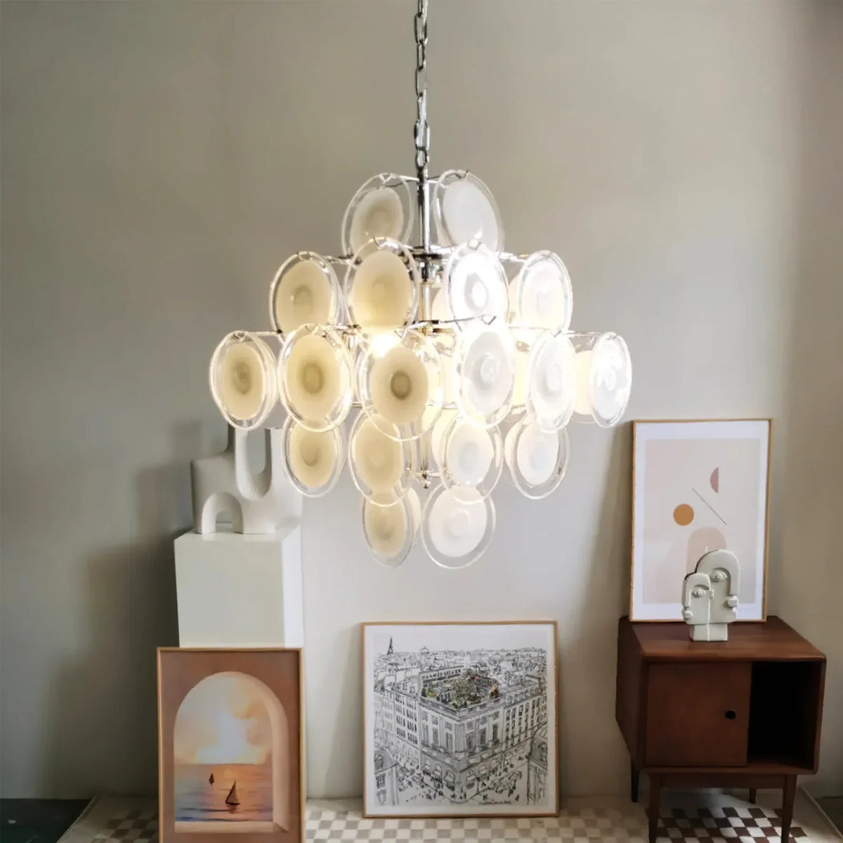 Murano-Style Disc White Clear Glass Chandelier