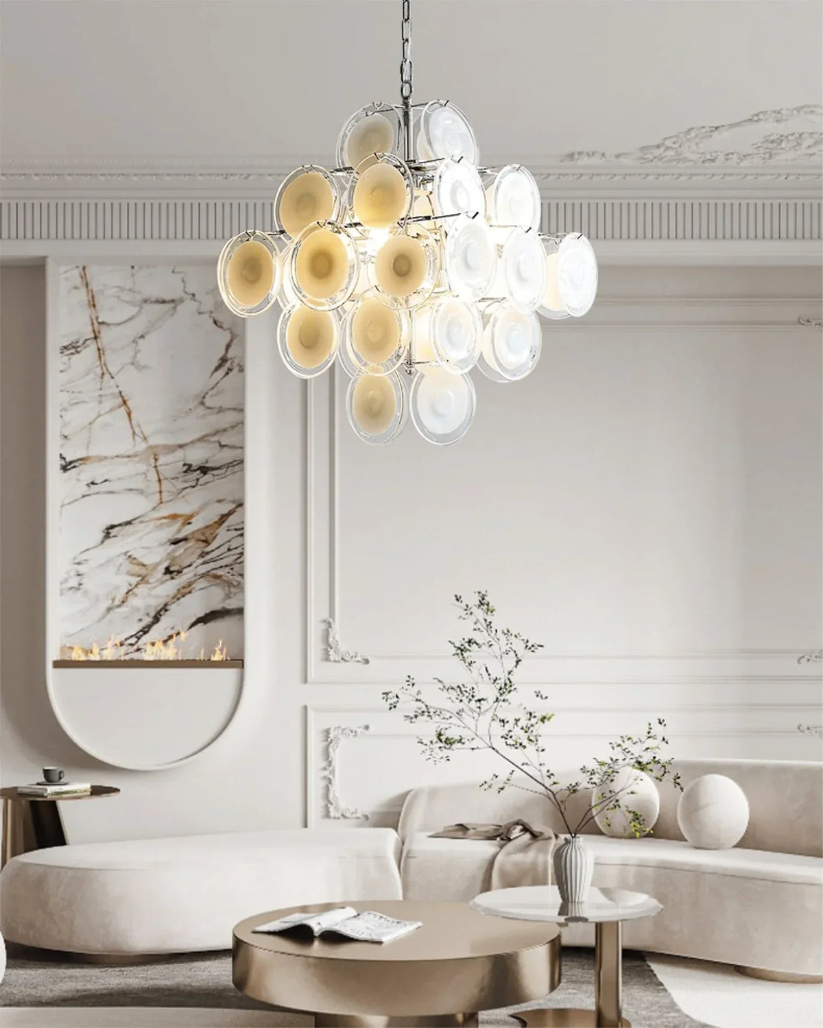 Murano-Style Disc White Clear Glass Chandelier