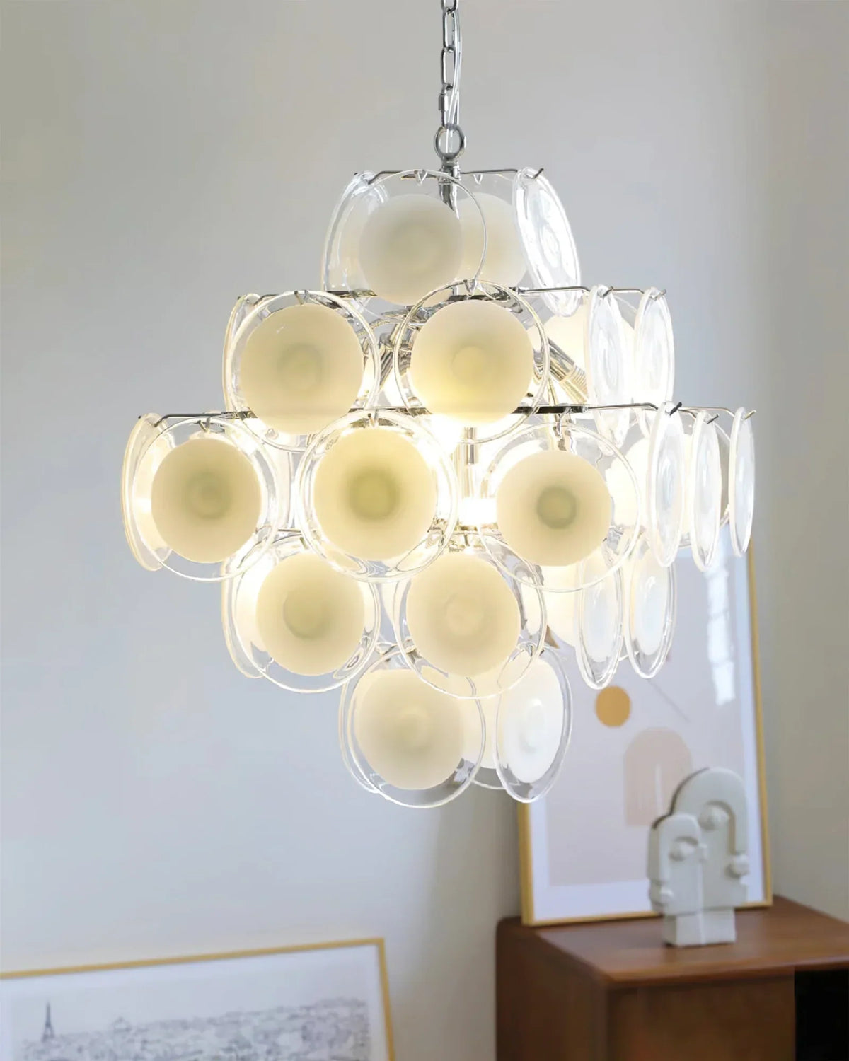 Murano-Style Disc White Clear Glass Chandelier