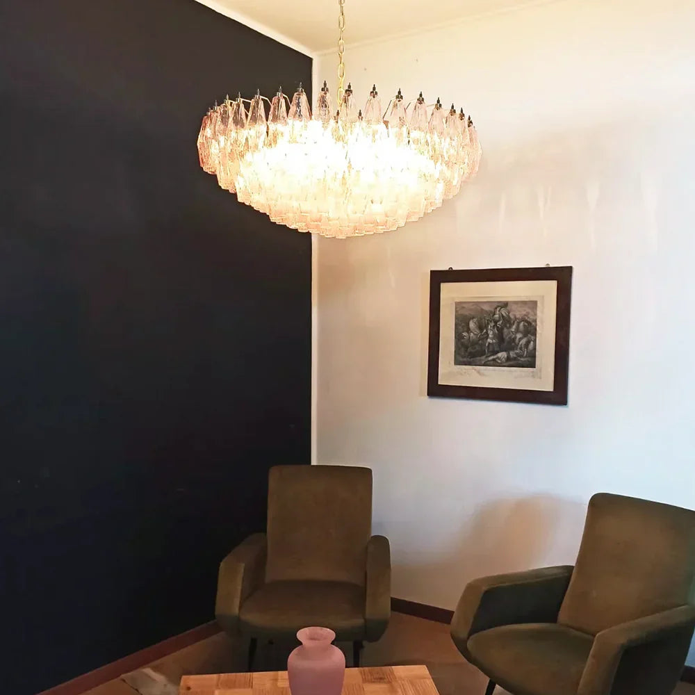 Pink Murano-Style Poliedri Rhombus Faceted Glass Chandelier