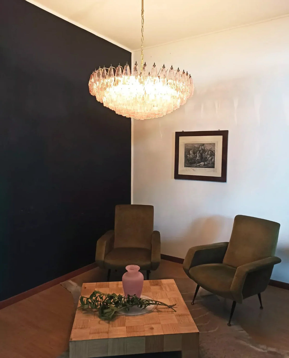 Pink Murano-Style Poliedri Rhombus Faceted Glass Chandelier
