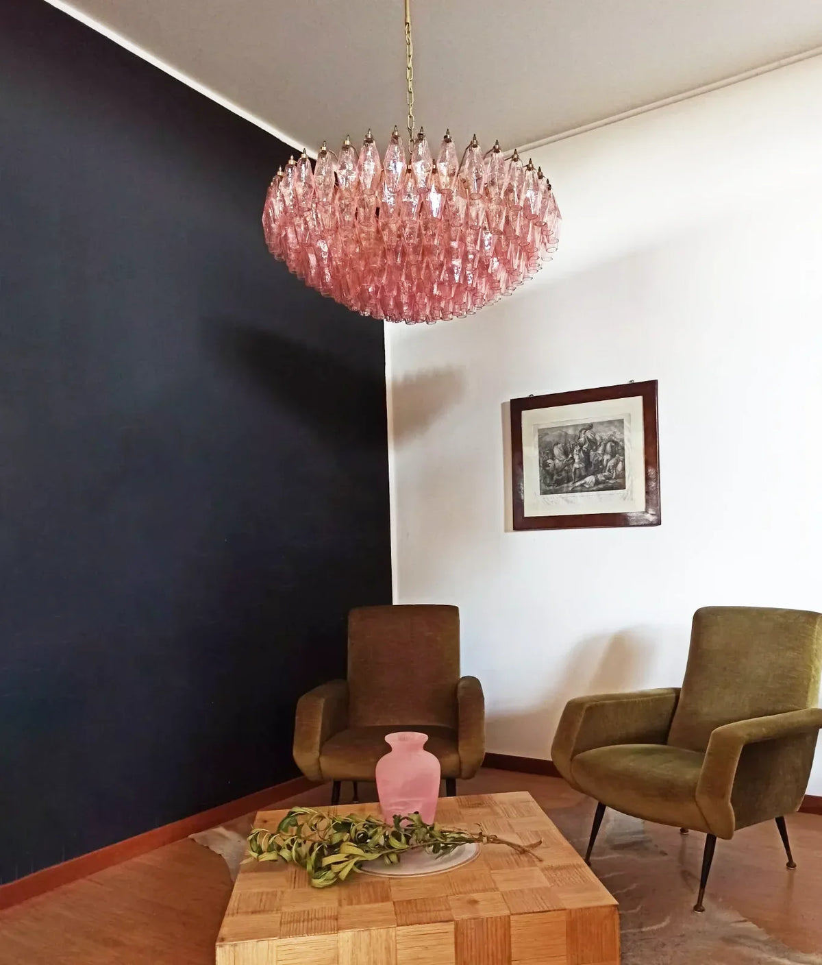 Pink Murano-Style Poliedri Rhombus Faceted Glass Chandelier