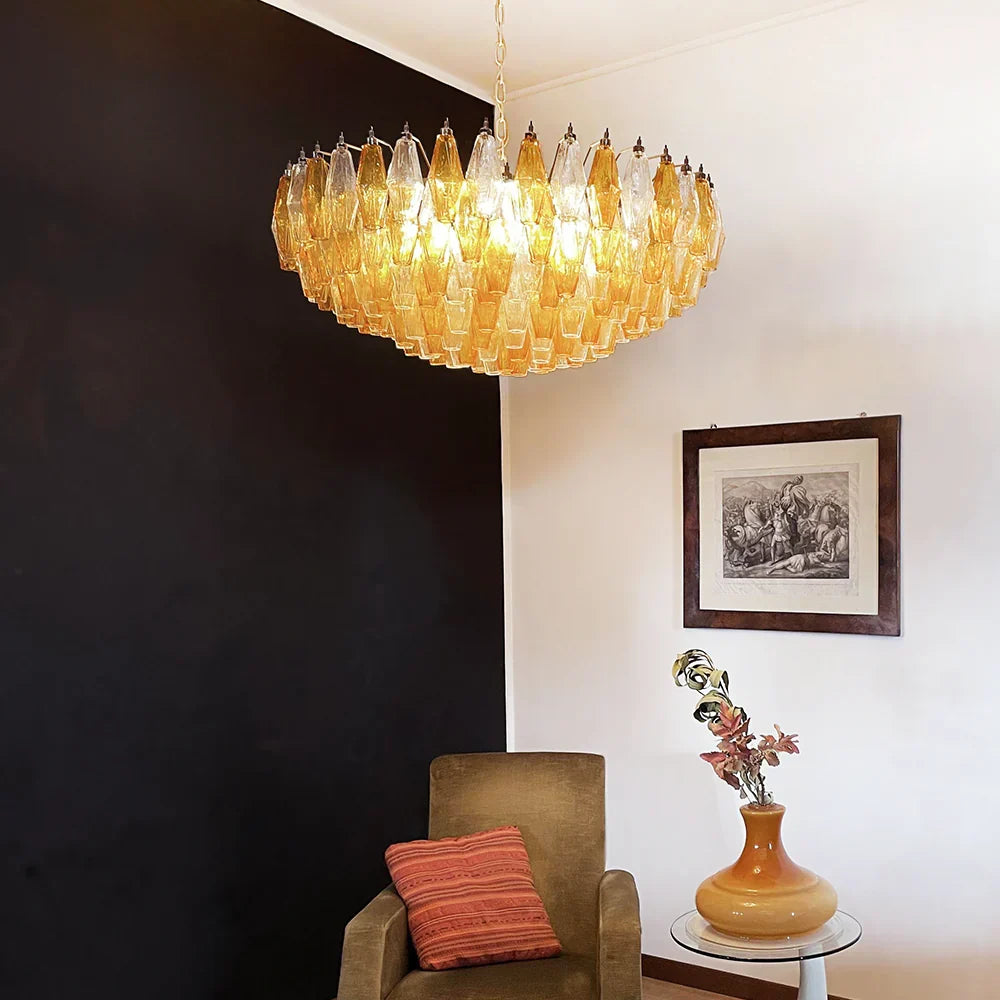 Murano-Style Poliedri Faceted Transparent Amber Glass Chandelier