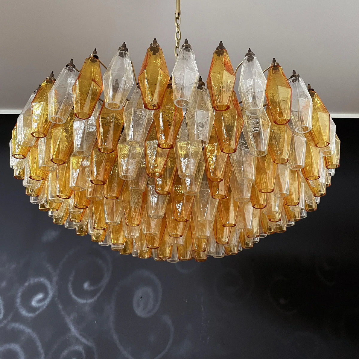 Murano-Style Poliedri Faceted Transparent Amber Glass Chandelier