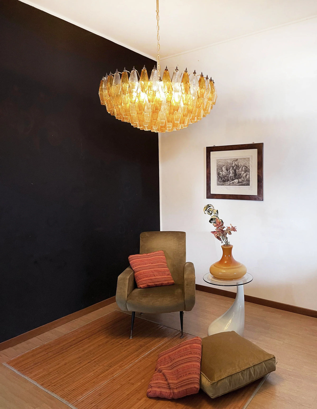 Murano-Style Poliedri Faceted Transparent Amber Glass Chandelier