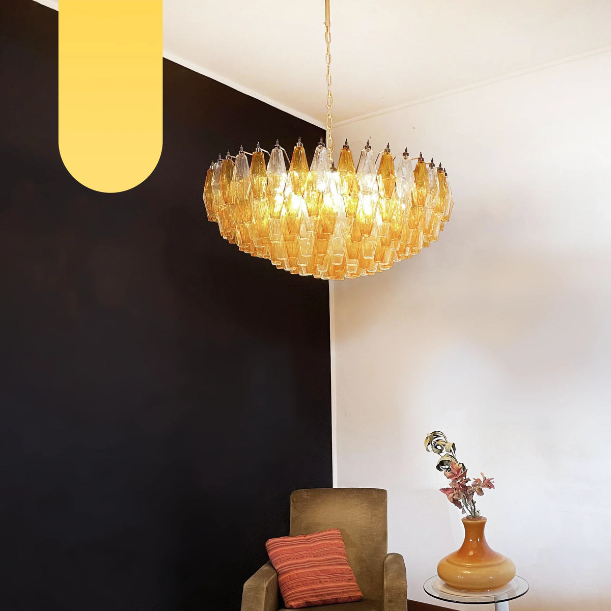 Murano-Style Poliedri Faceted Transparent Amber Glass Chandelier