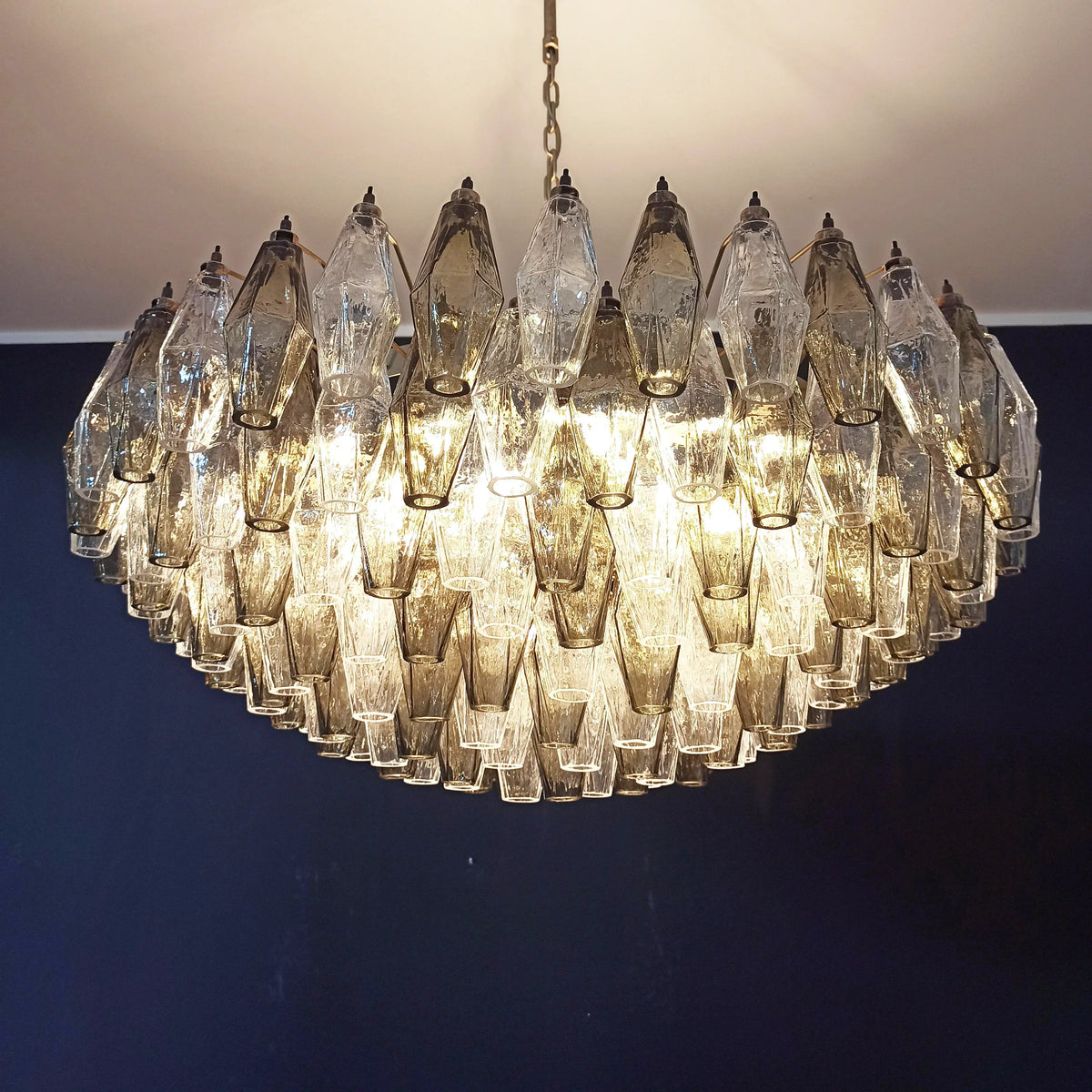 Murano-Style Poliedri Faceted Transparent Smoked Glass Chandelier