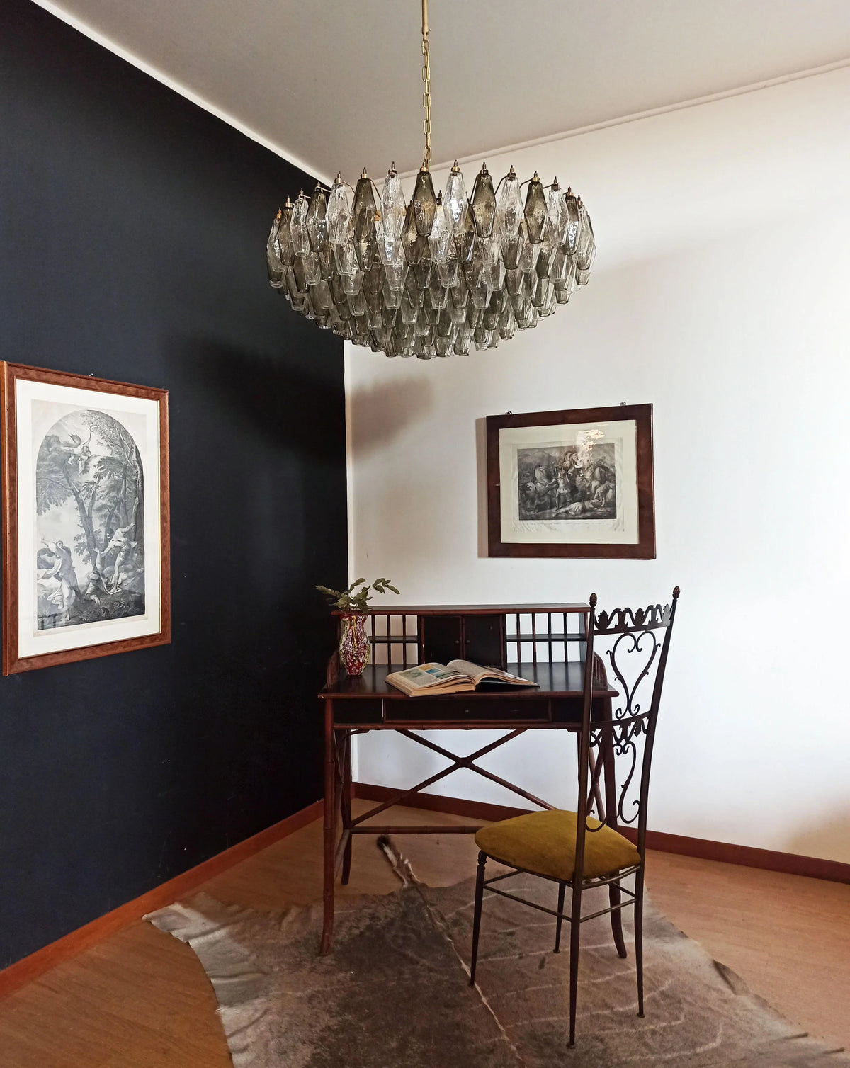 Murano-Style Poliedri Faceted Transparent Smoked Glass Chandelier