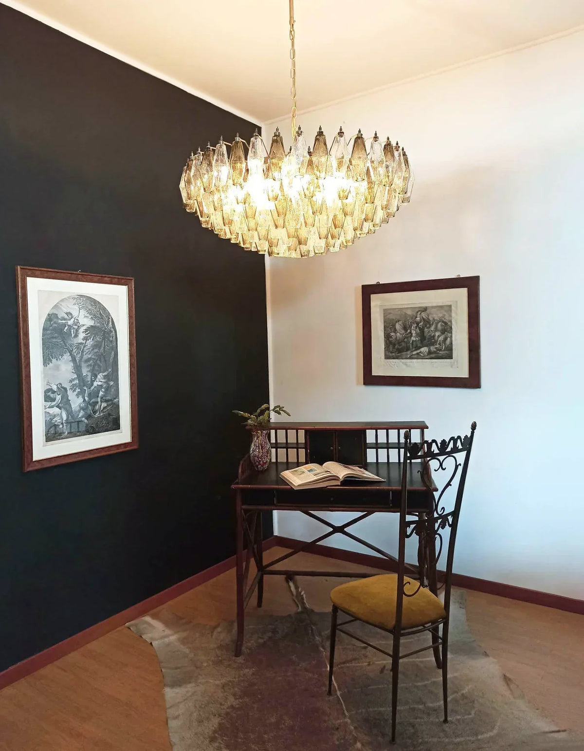 Murano-Style Poliedri Faceted Transparent Smoked Glass Chandelier