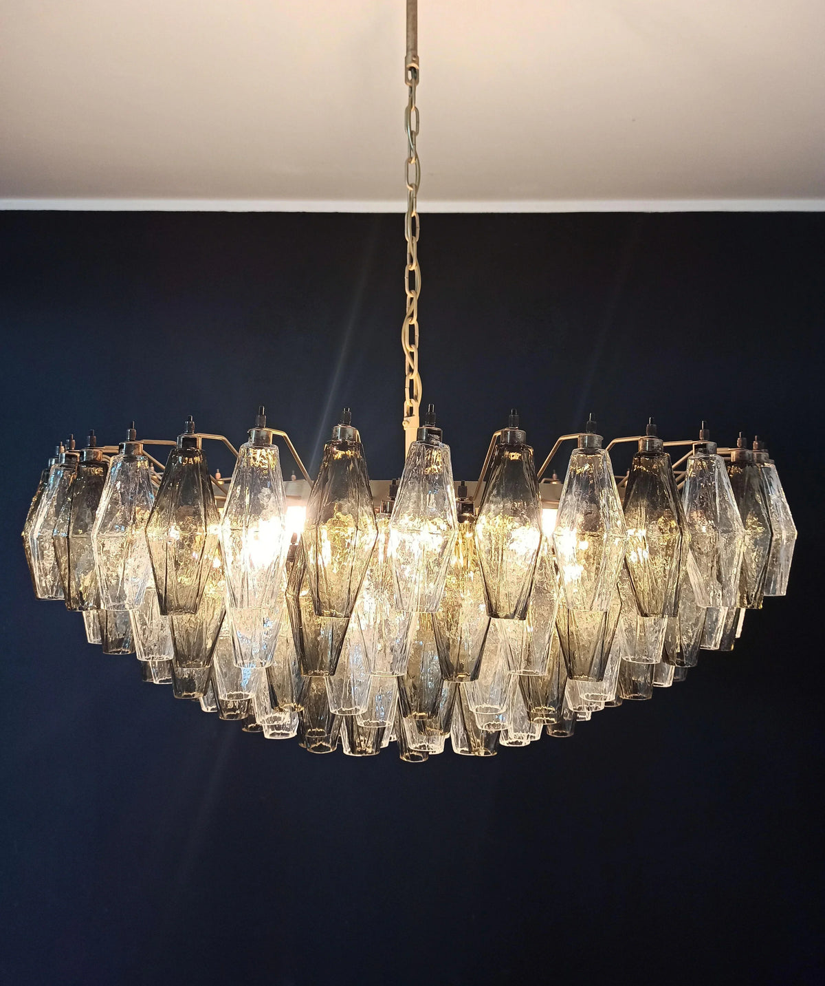 Murano-Style Poliedri Faceted Transparent Smoked Glass Chandelier