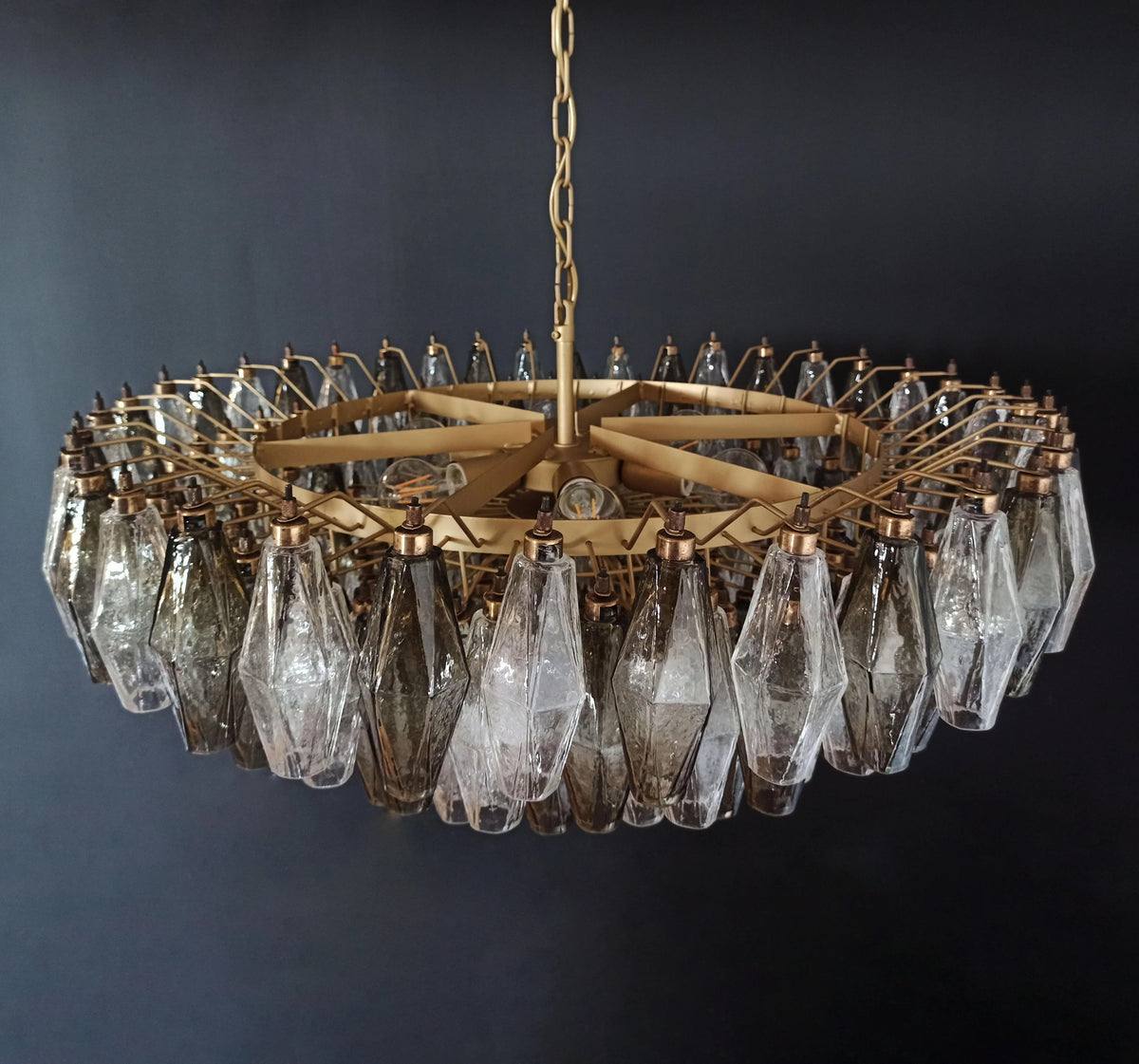 Murano-Style Poliedri Faceted Transparent Smoked Glass Chandelier