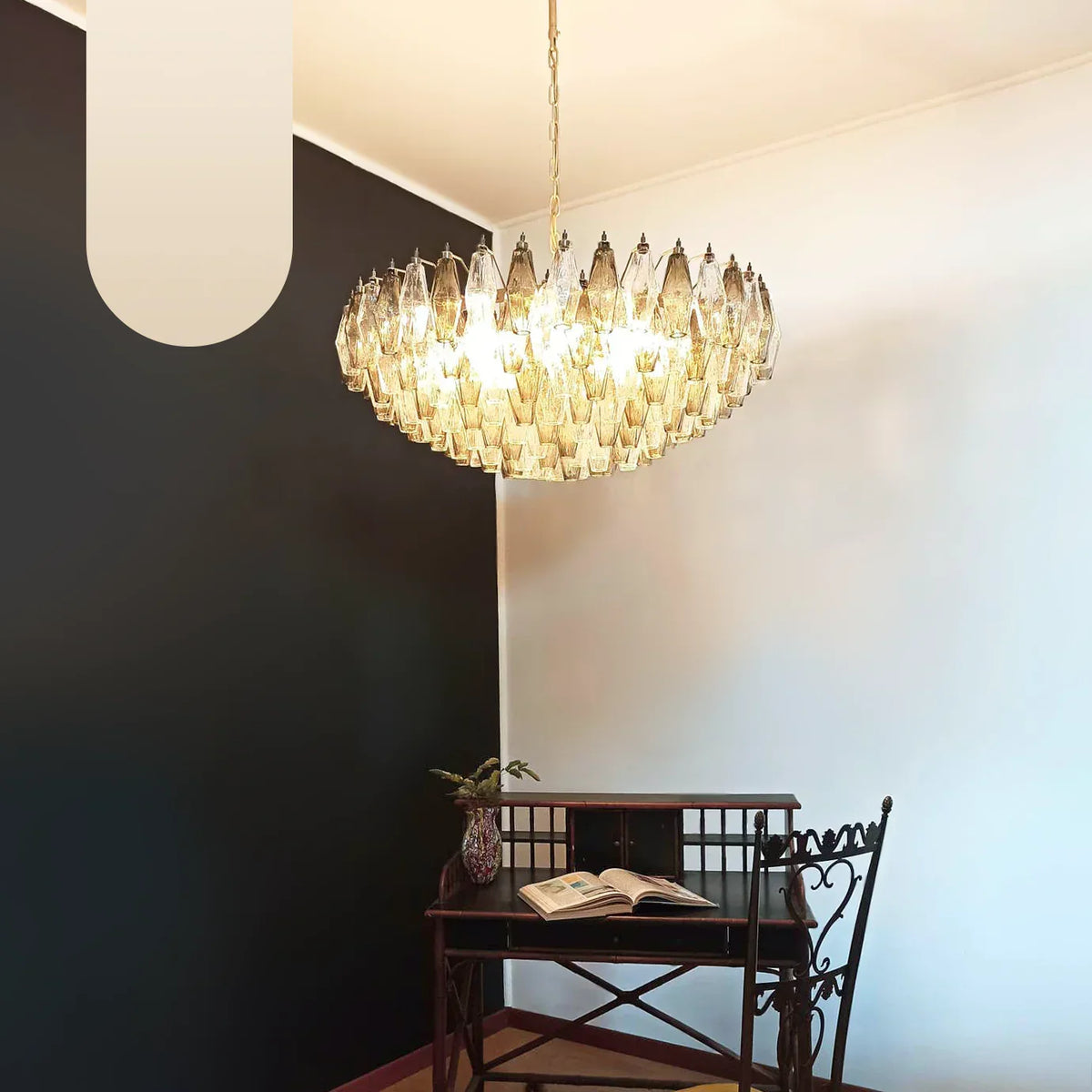 Murano-Style Poliedri Faceted Transparent Smoked Glass Chandelier
