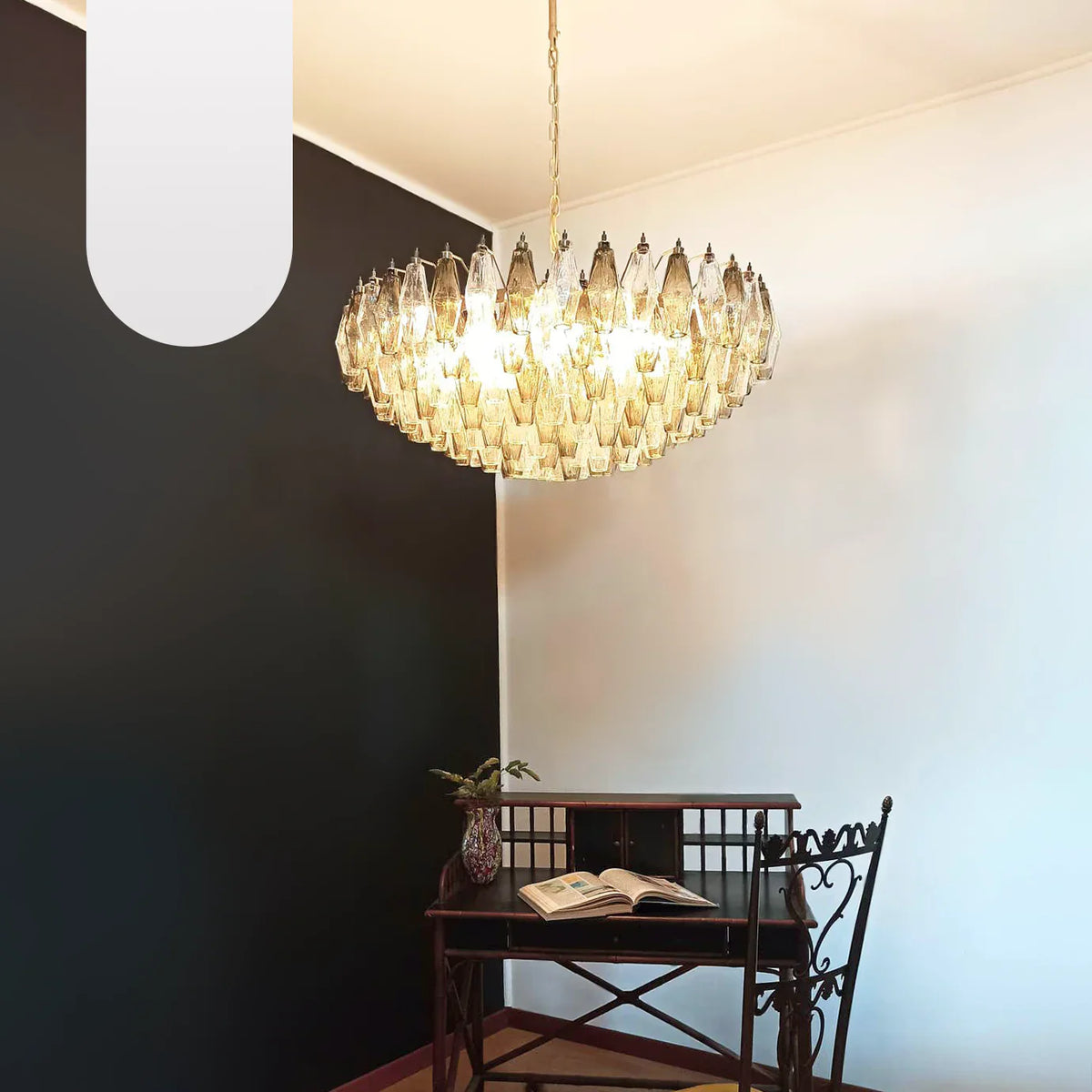 Murano-Style Poliedri Faceted Transparent Smoked Glass Chandelier