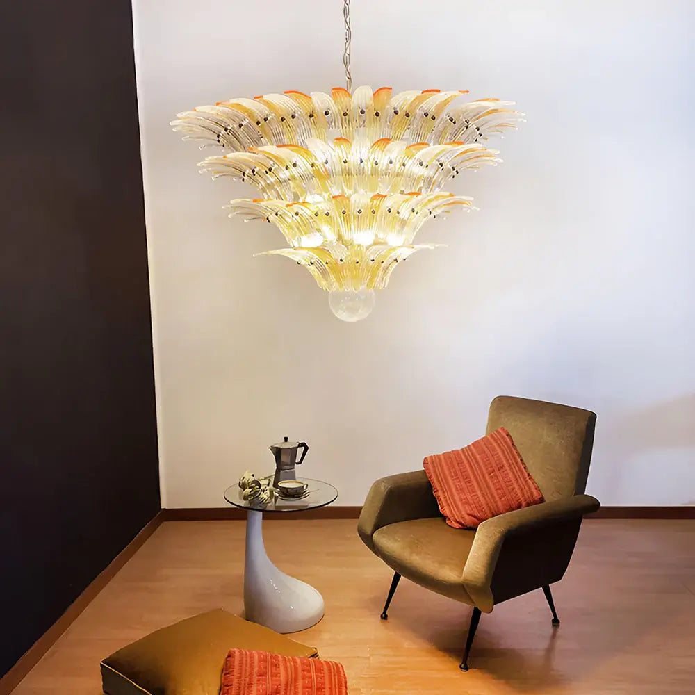Murano-Style Palmette Amber Transparent Chandelier