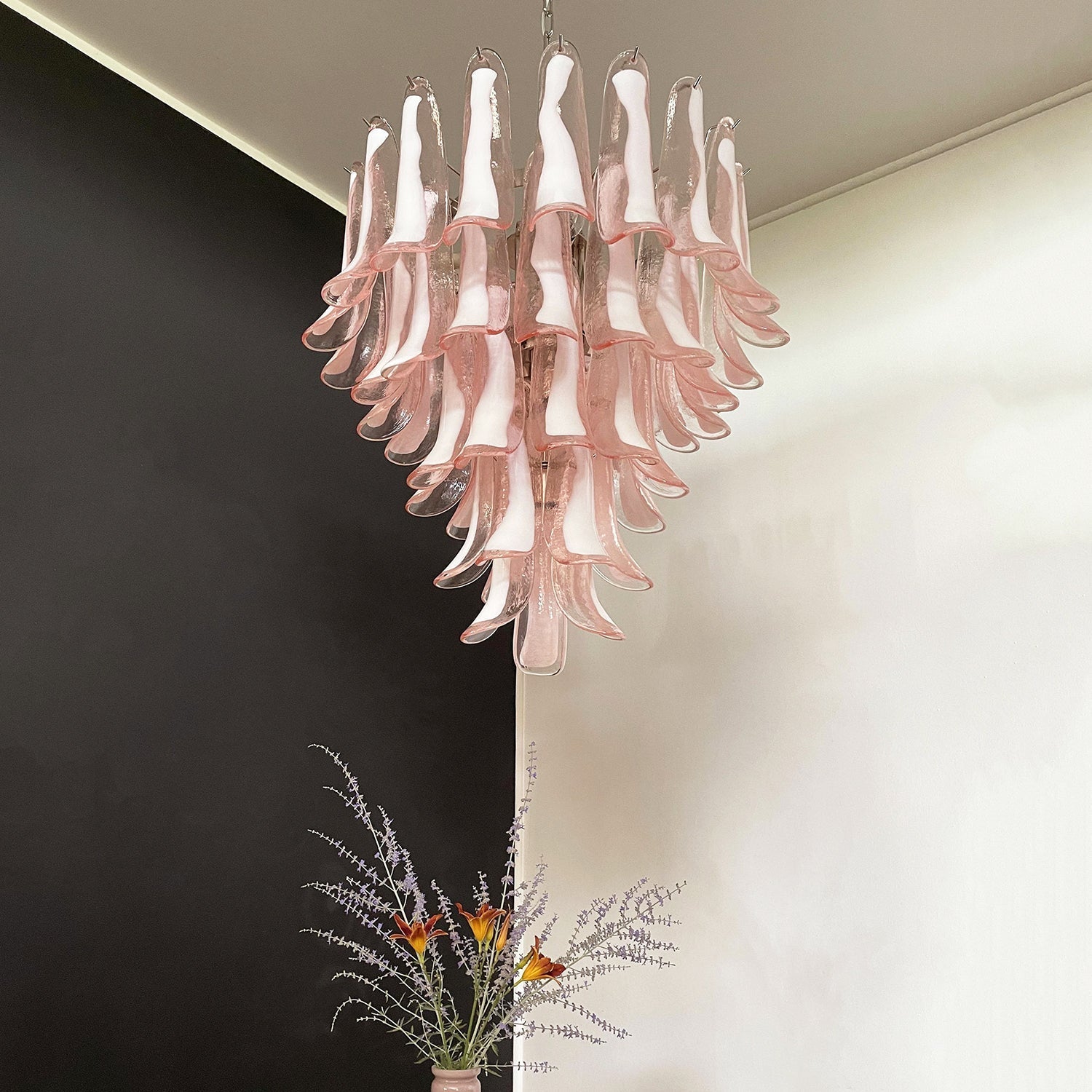 Pink Glass Petals Chandelier 26"