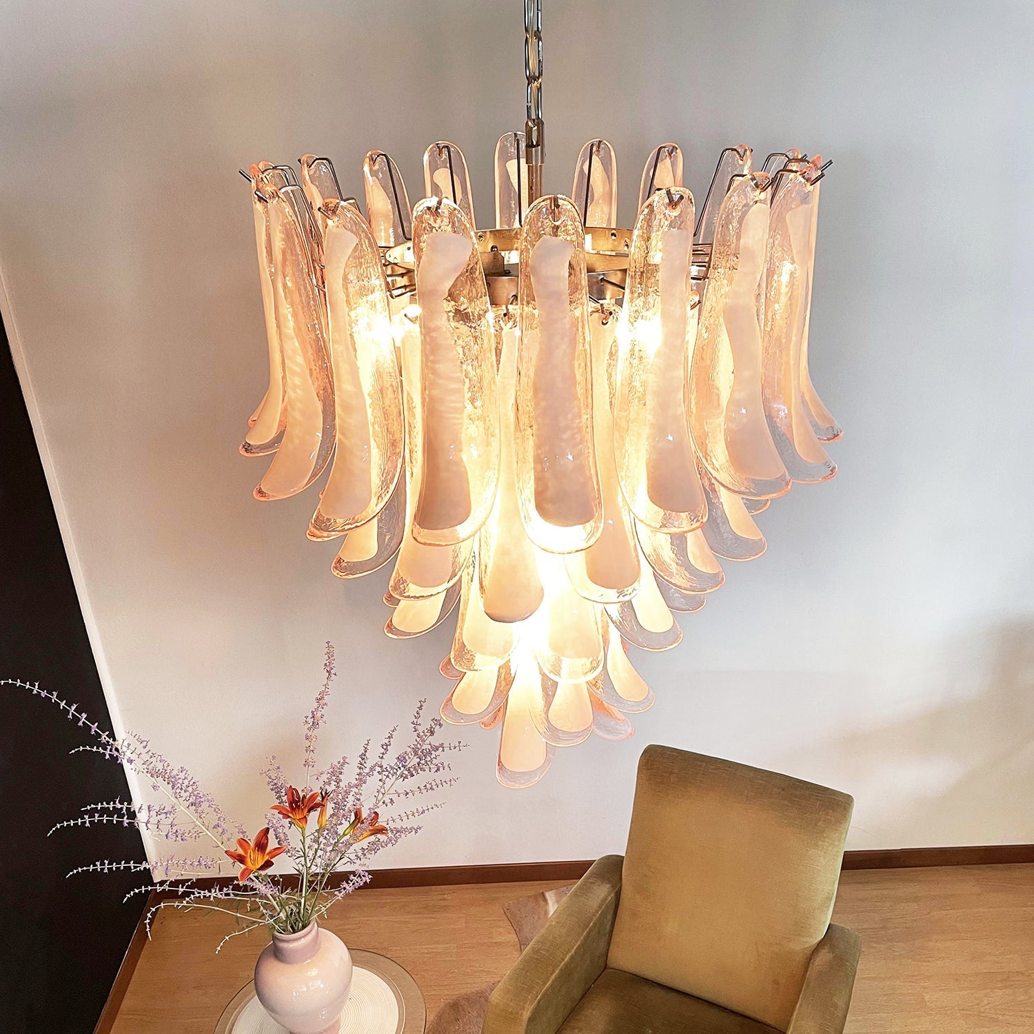 Pink Glass Petals Chandelier 26"