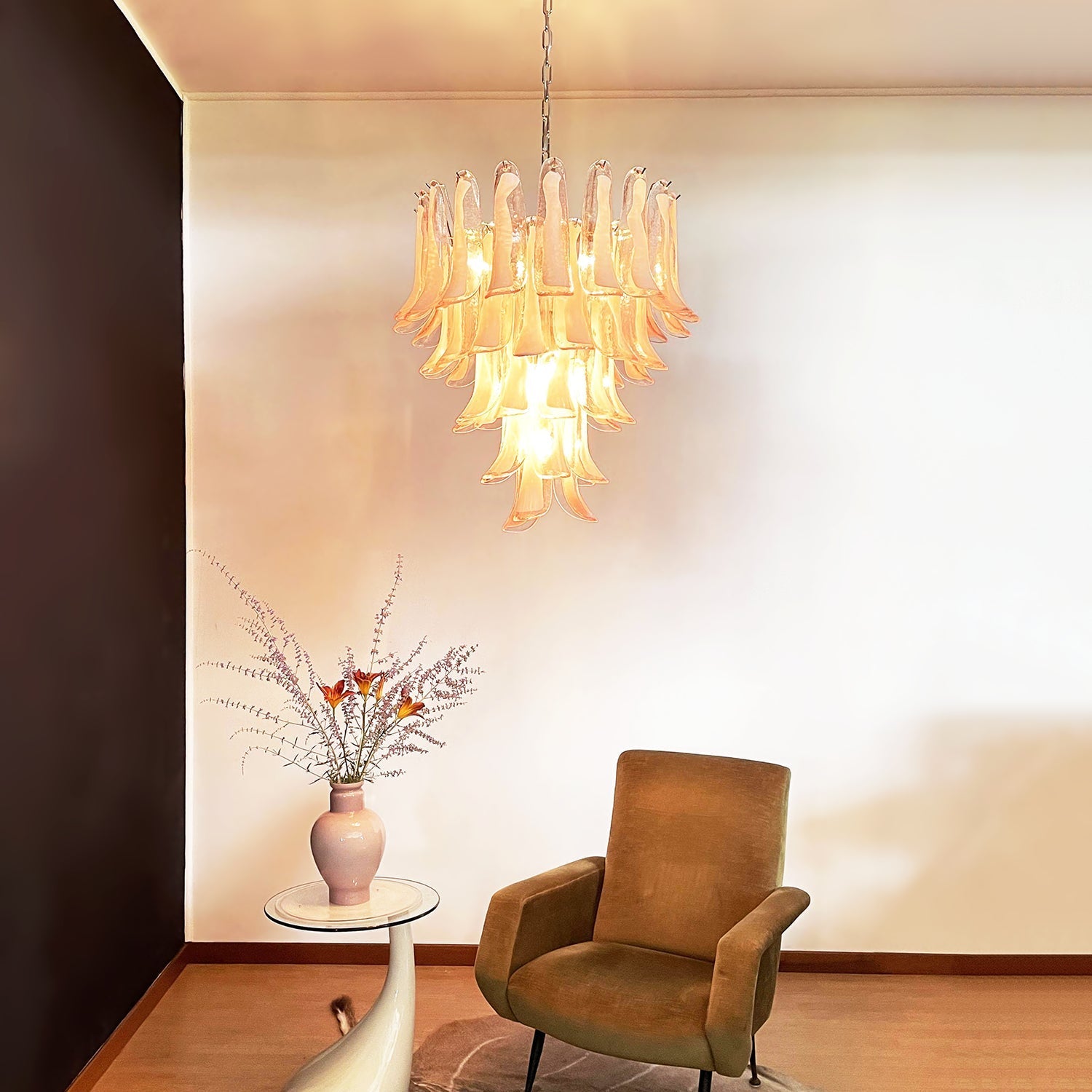 Pink Glass Petals Chandelier 26"