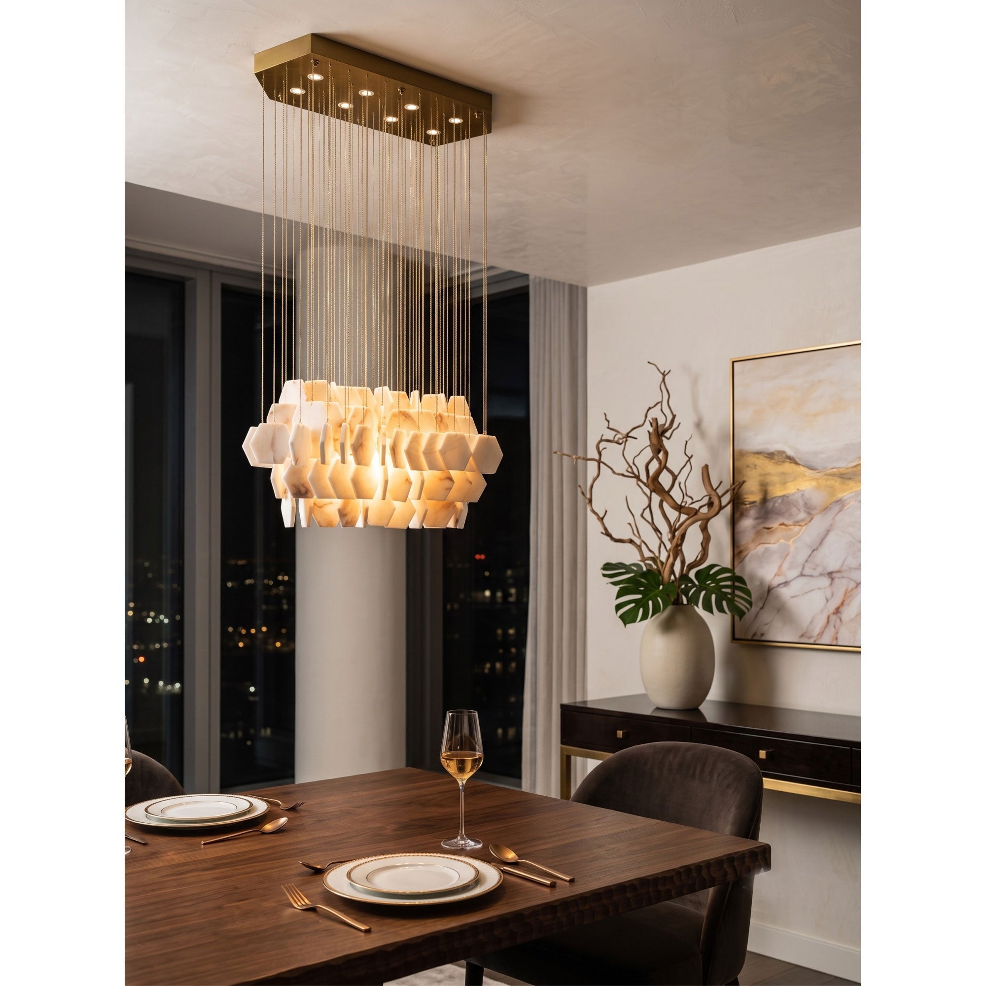 Hexagon Alabaster Tiered Rain Chandelier