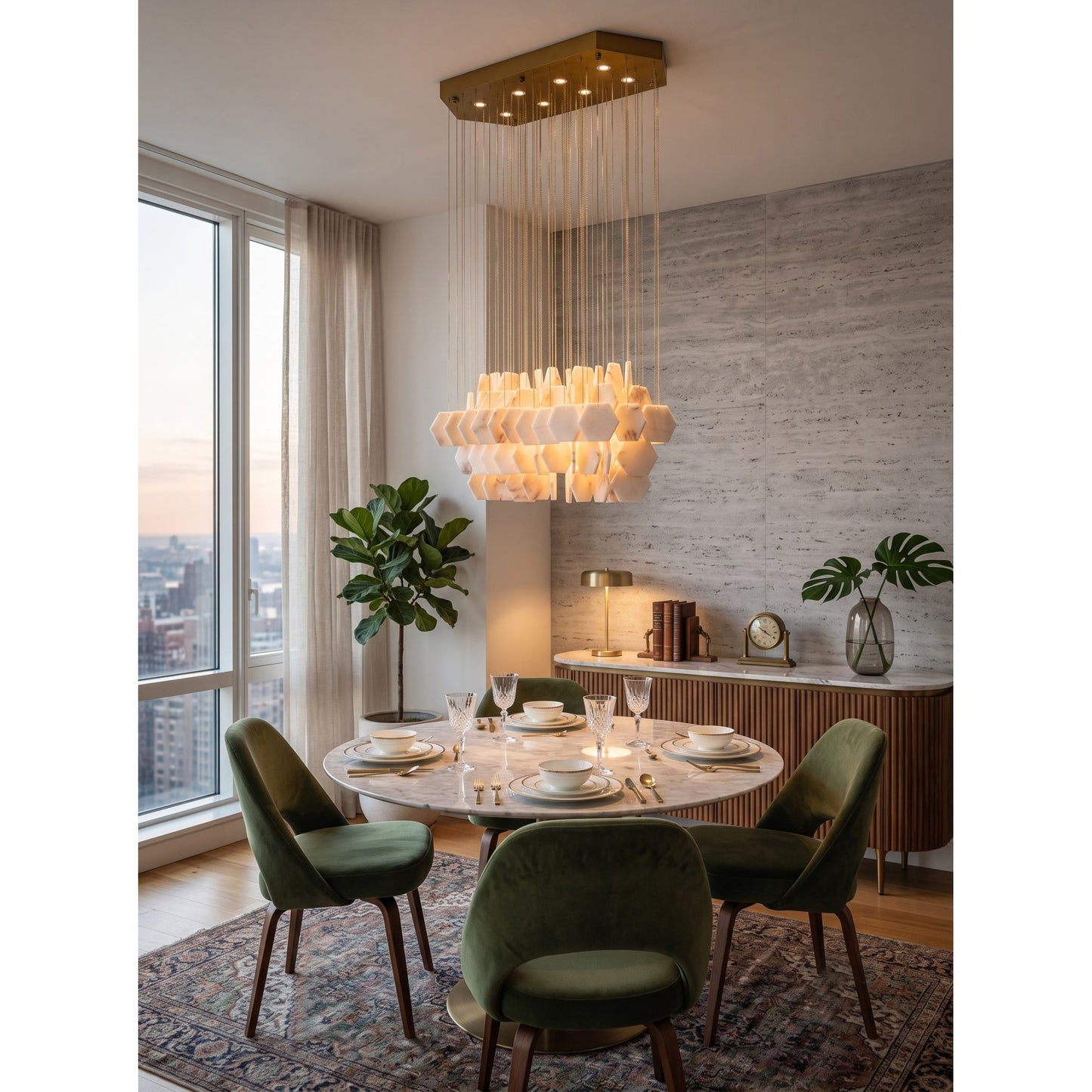 Hexagon Alabaster Tiered Rain Chandelier