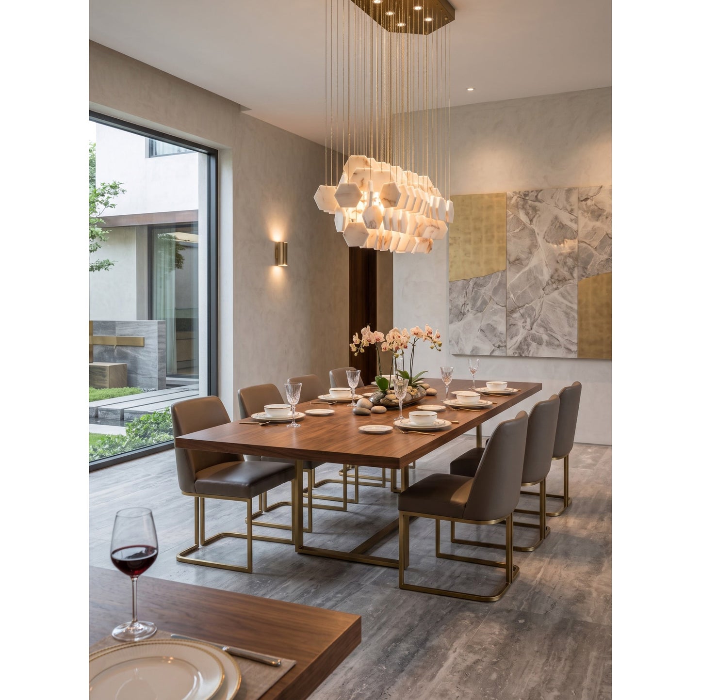Hexagon Alabaster Tiered Rain Chandelier