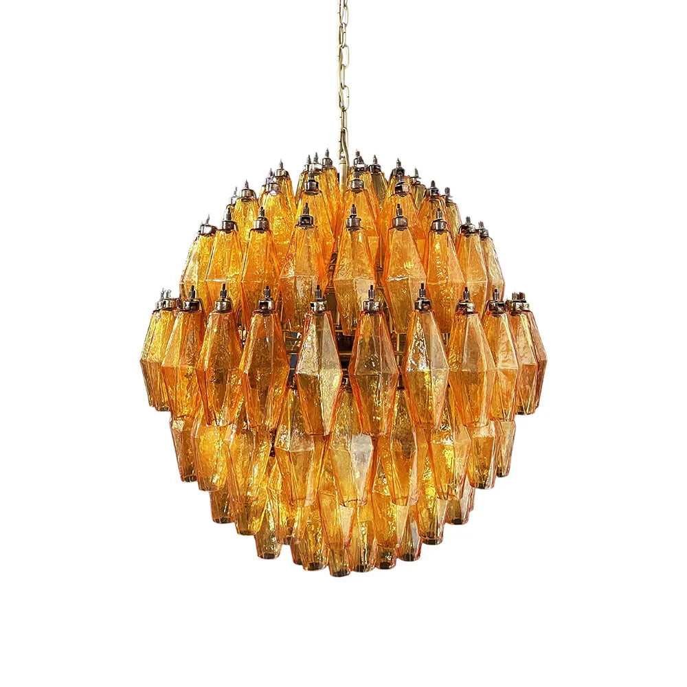 Spherical Murano-Style Poliedri Amber Glass Chandelier