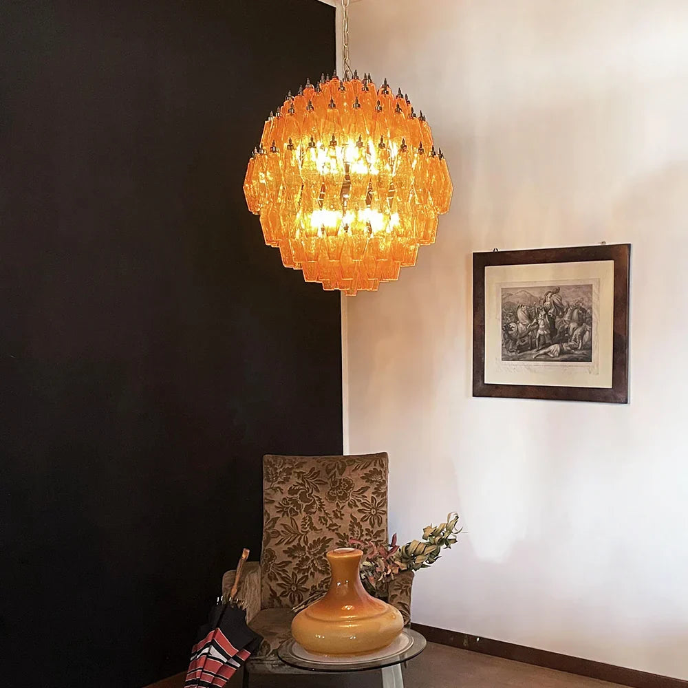 Spherical Murano-Style Poliedri Amber Glass Chandelier