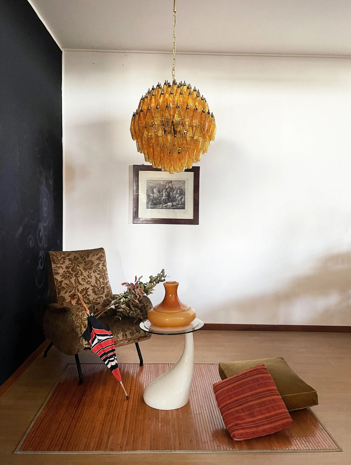 Spherical Murano-Style Poliedri Amber Glass Chandelier