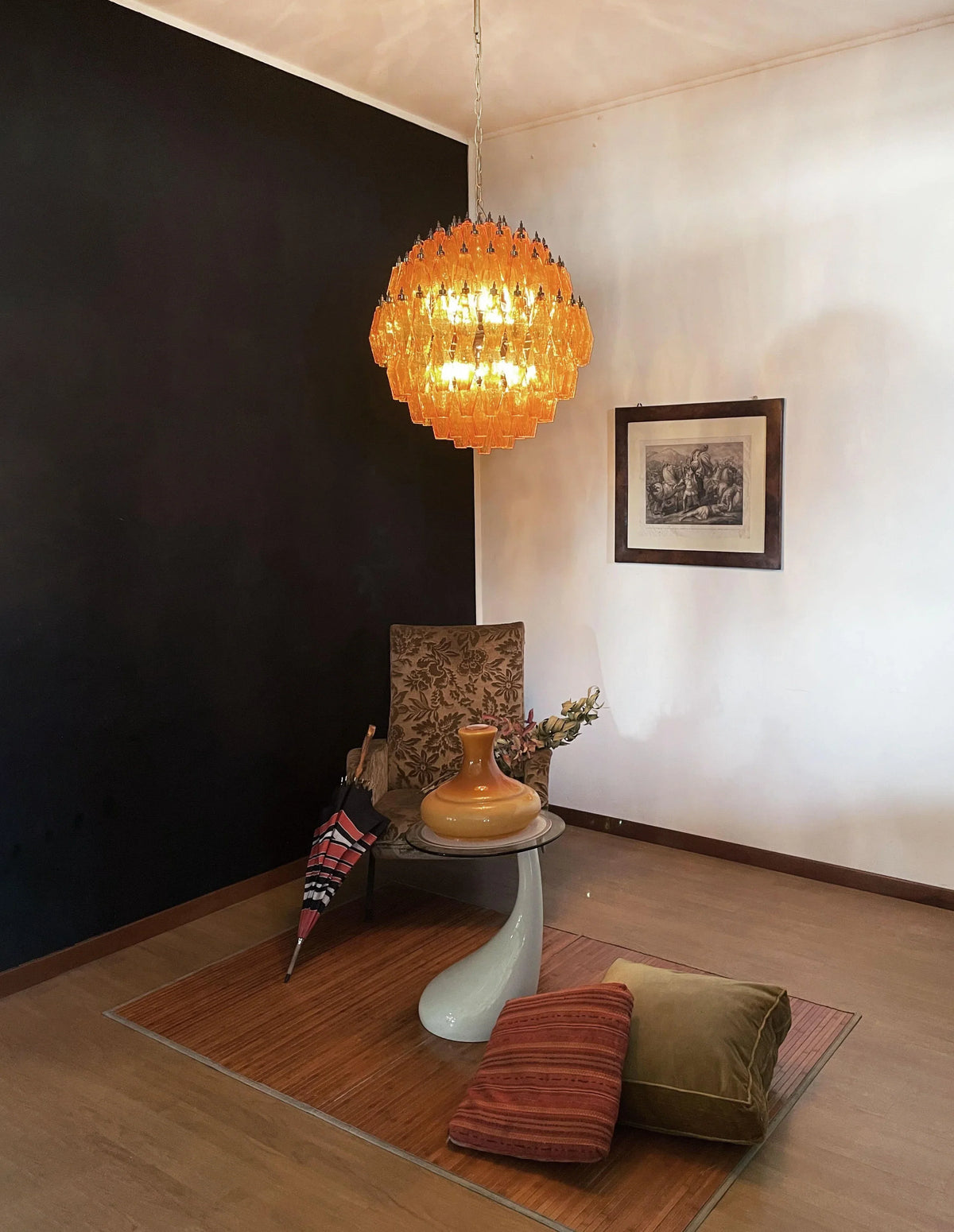 Spherical Murano-Style Poliedri Amber Glass Chandelier