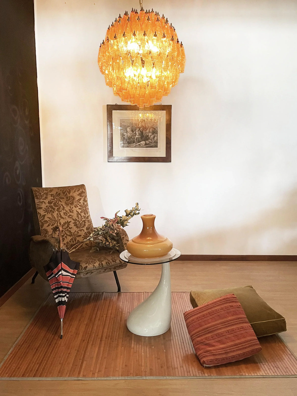 Spherical Murano-Style Poliedri Amber Glass Chandelier
