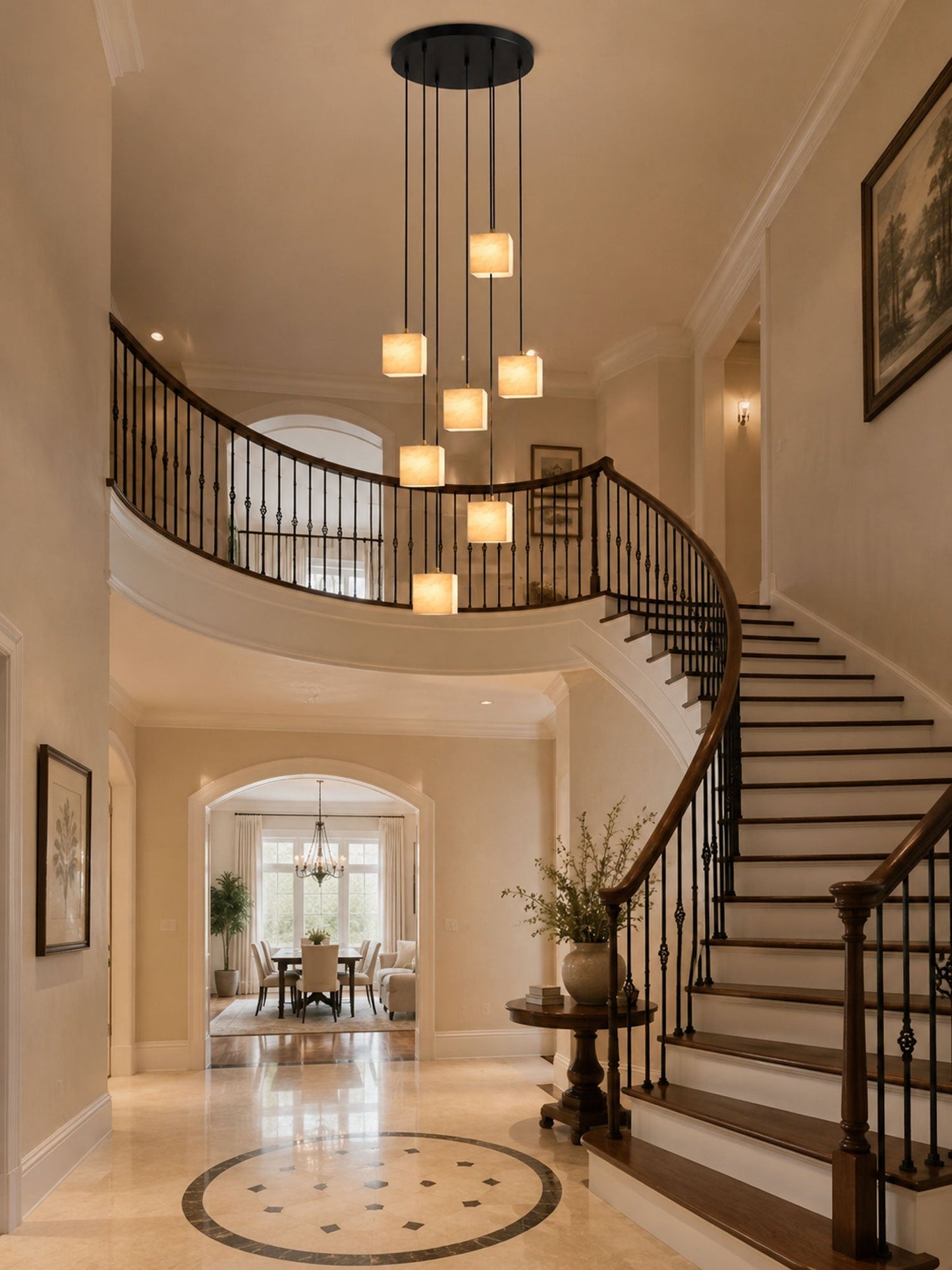 Square Alabaster Staircase Chandelier