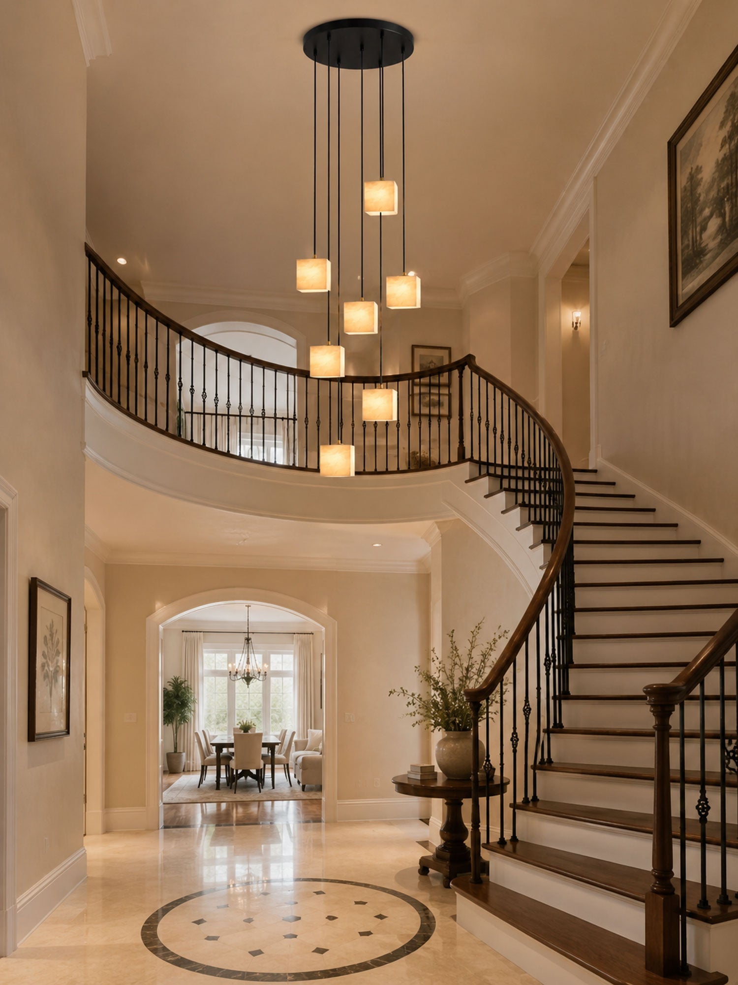 Square Alabaster Staircase Chandelier