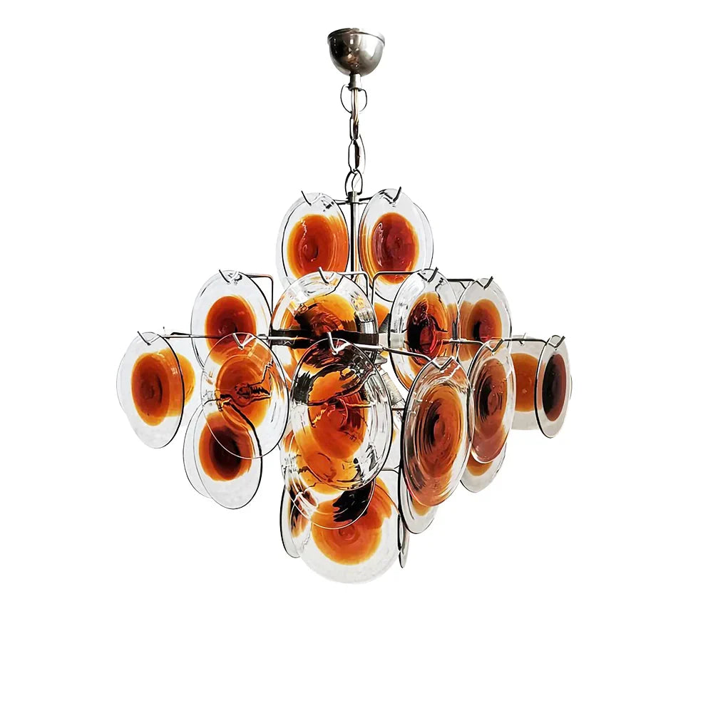 Vintage Murano-Style Orange Brown Transparent Disc Chandelier