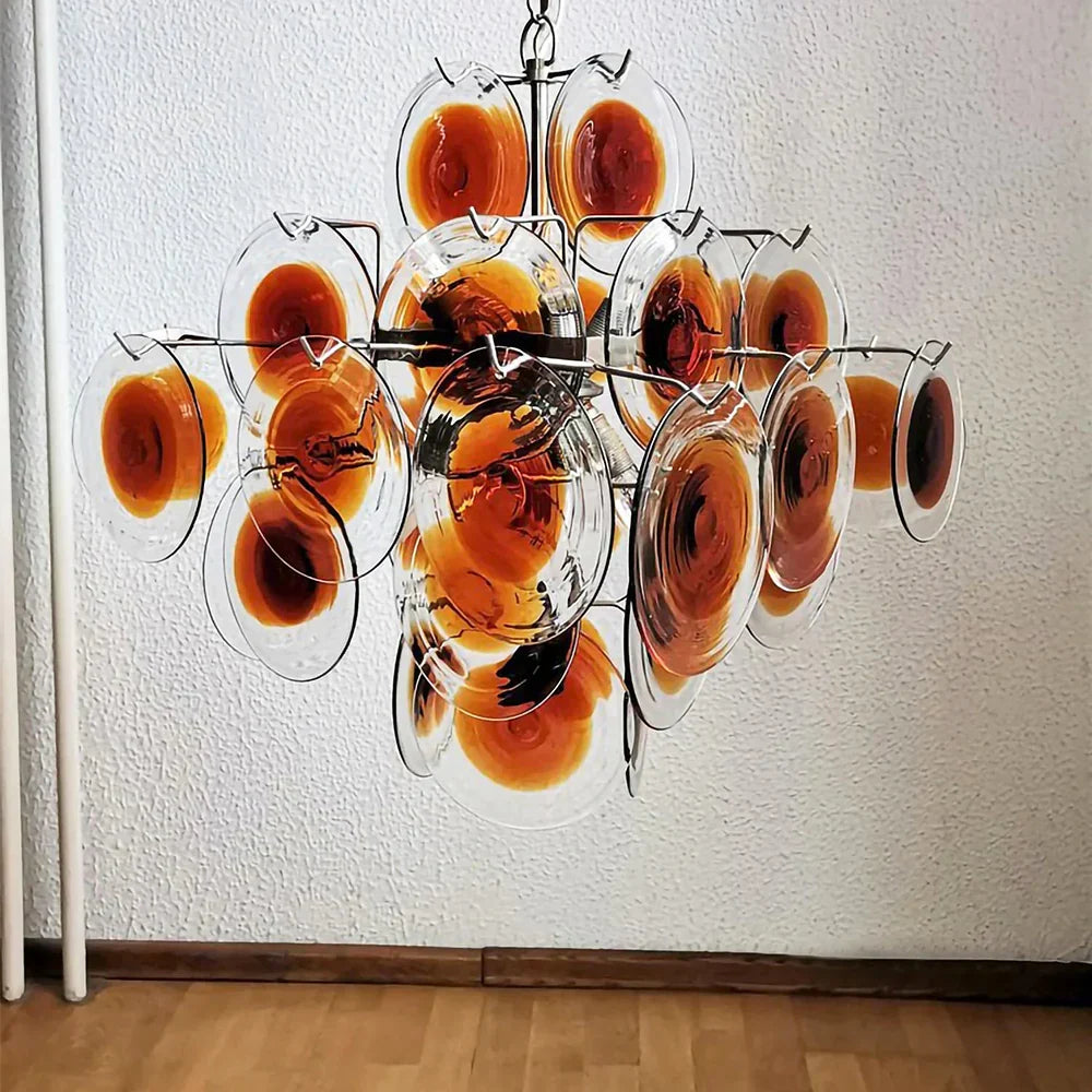 Vintage Murano-Style Orange Brown Transparent Disc Chandelier