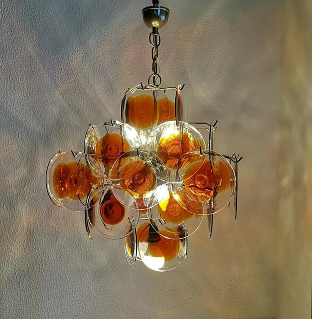 Vintage Murano-Style Orange Brown Transparent Disc Chandelier