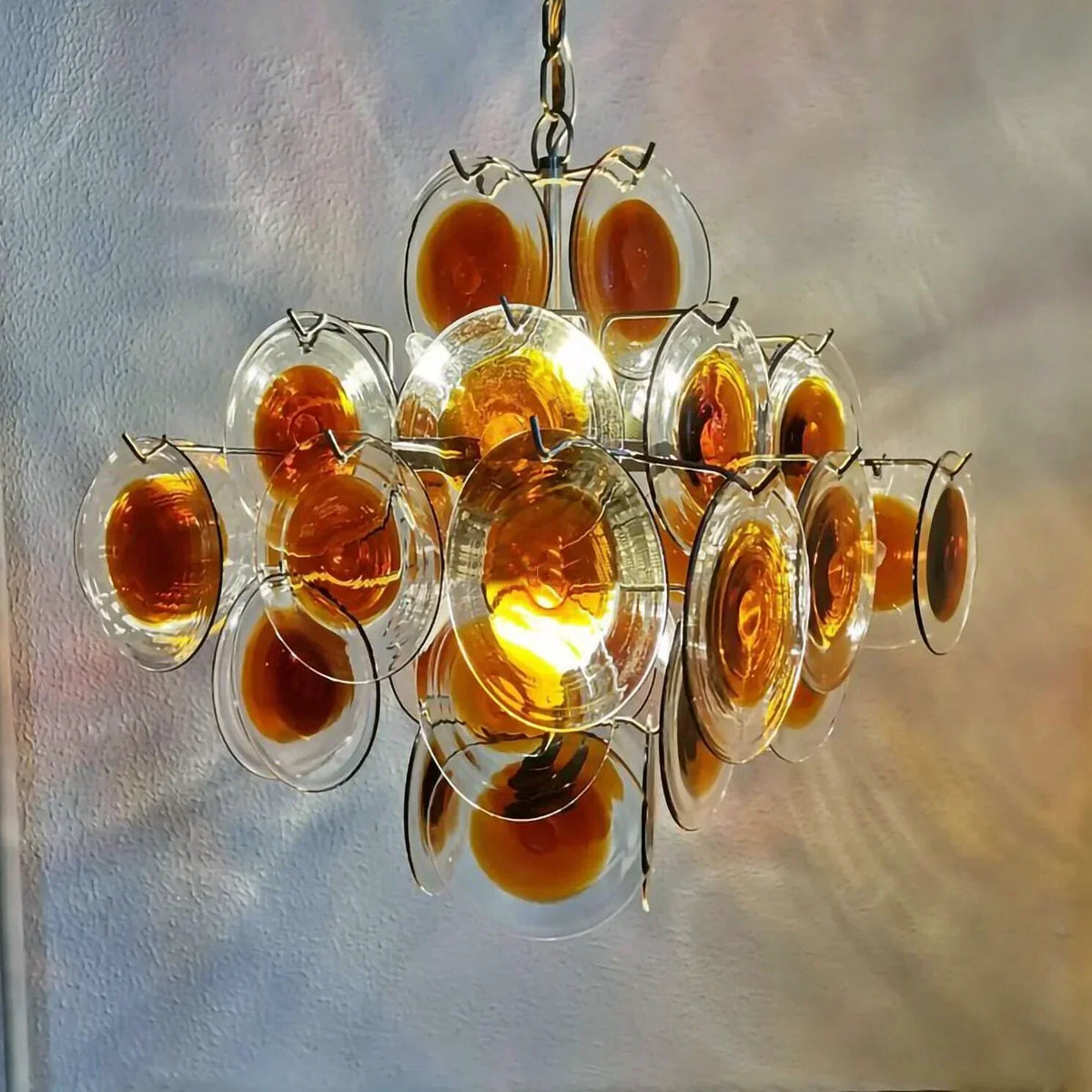 Vintage Murano-Style Orange Brown Transparent Disc Chandelier