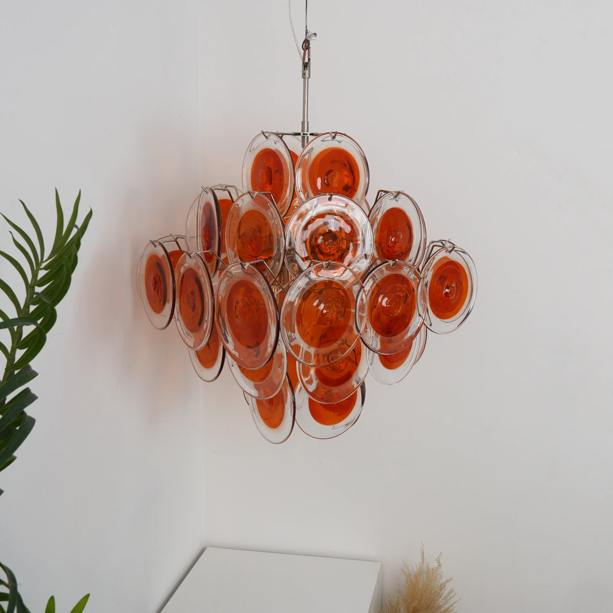 Vintage Murano-Style Orange Brown Transparent Disc Chandelier