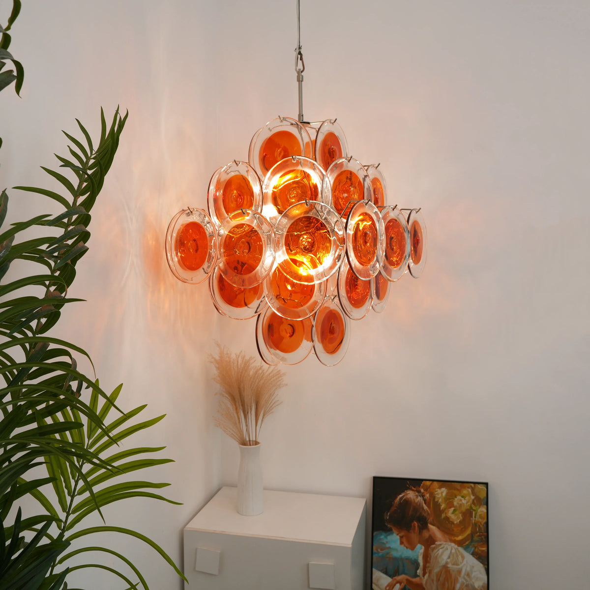 Vintage Murano-Style Orange Brown Transparent Disc Chandelier