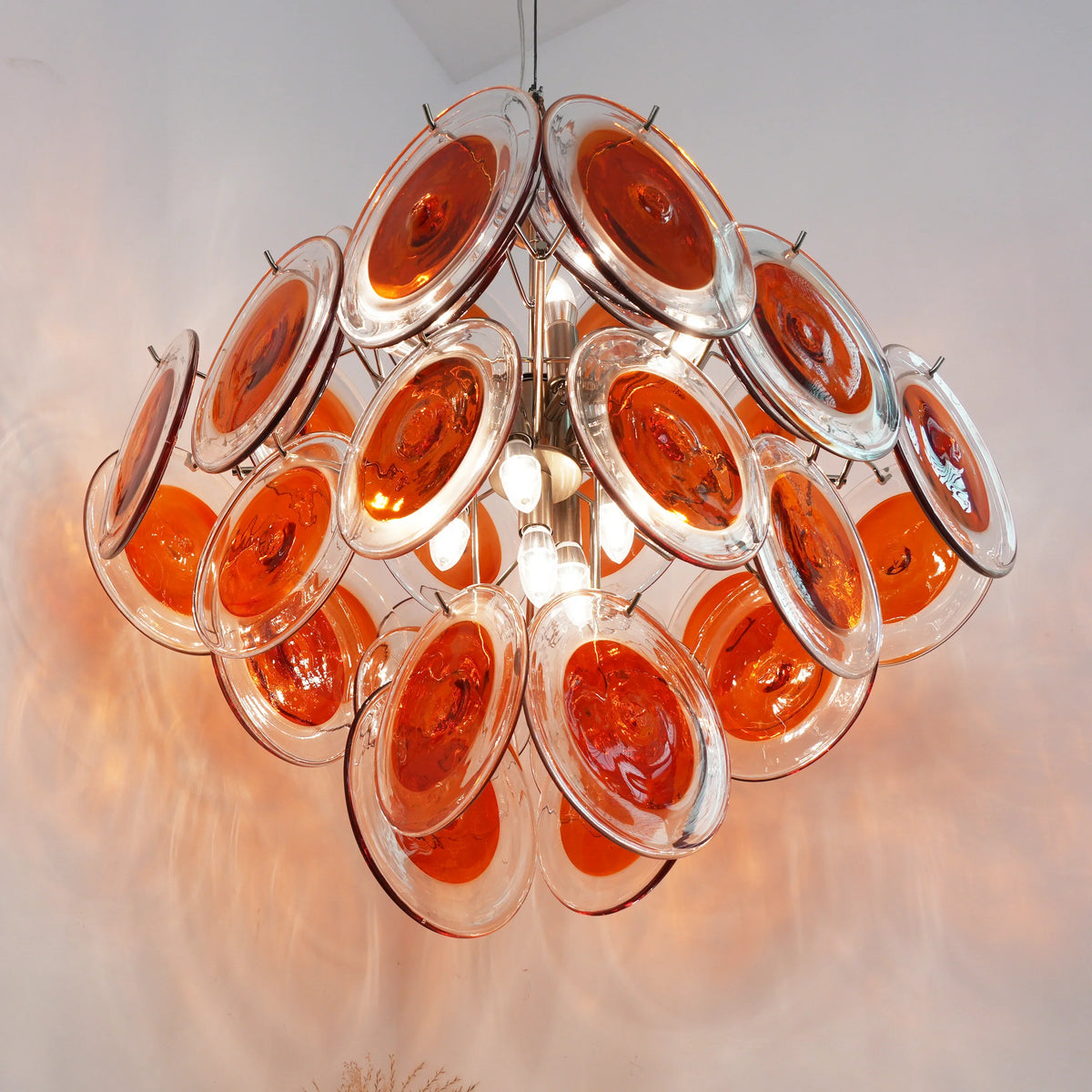 Vintage Murano-Style Orange Brown Transparent Disc Chandelier