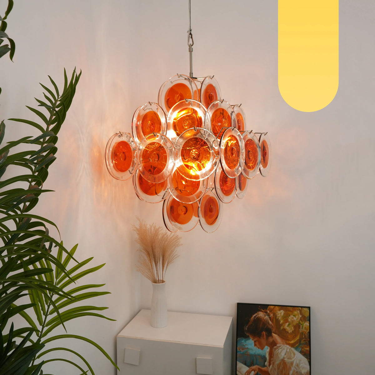 Vintage Murano-Style Orange Brown Transparent Disc Chandelier