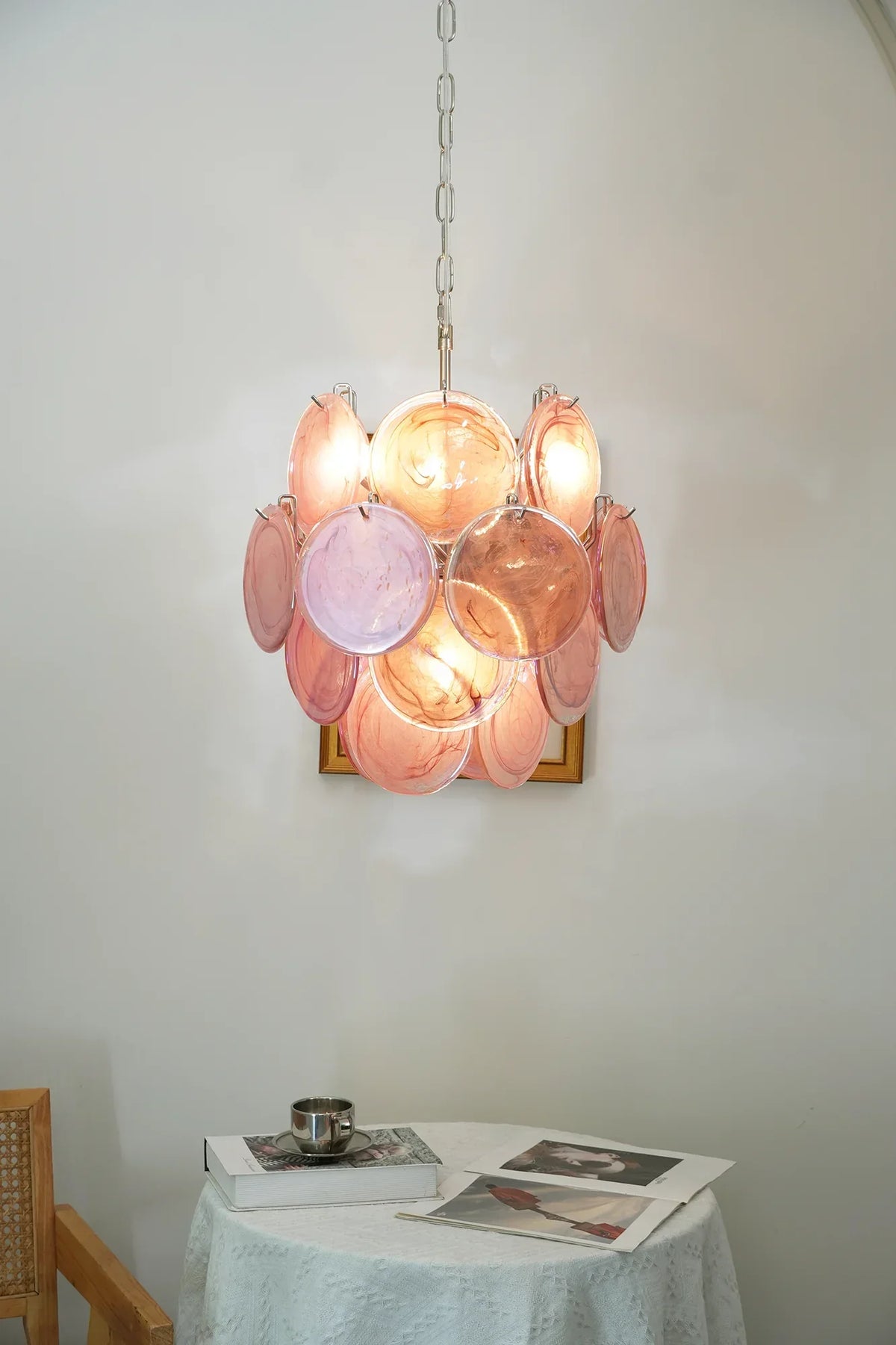 Vintage Murano-Style Pink Glass Disks Chandelier