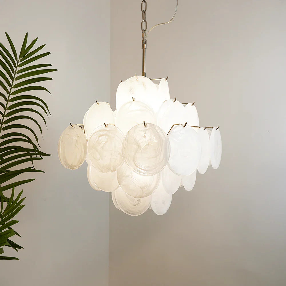 Vintage Murano-Style White Disks Chandelier