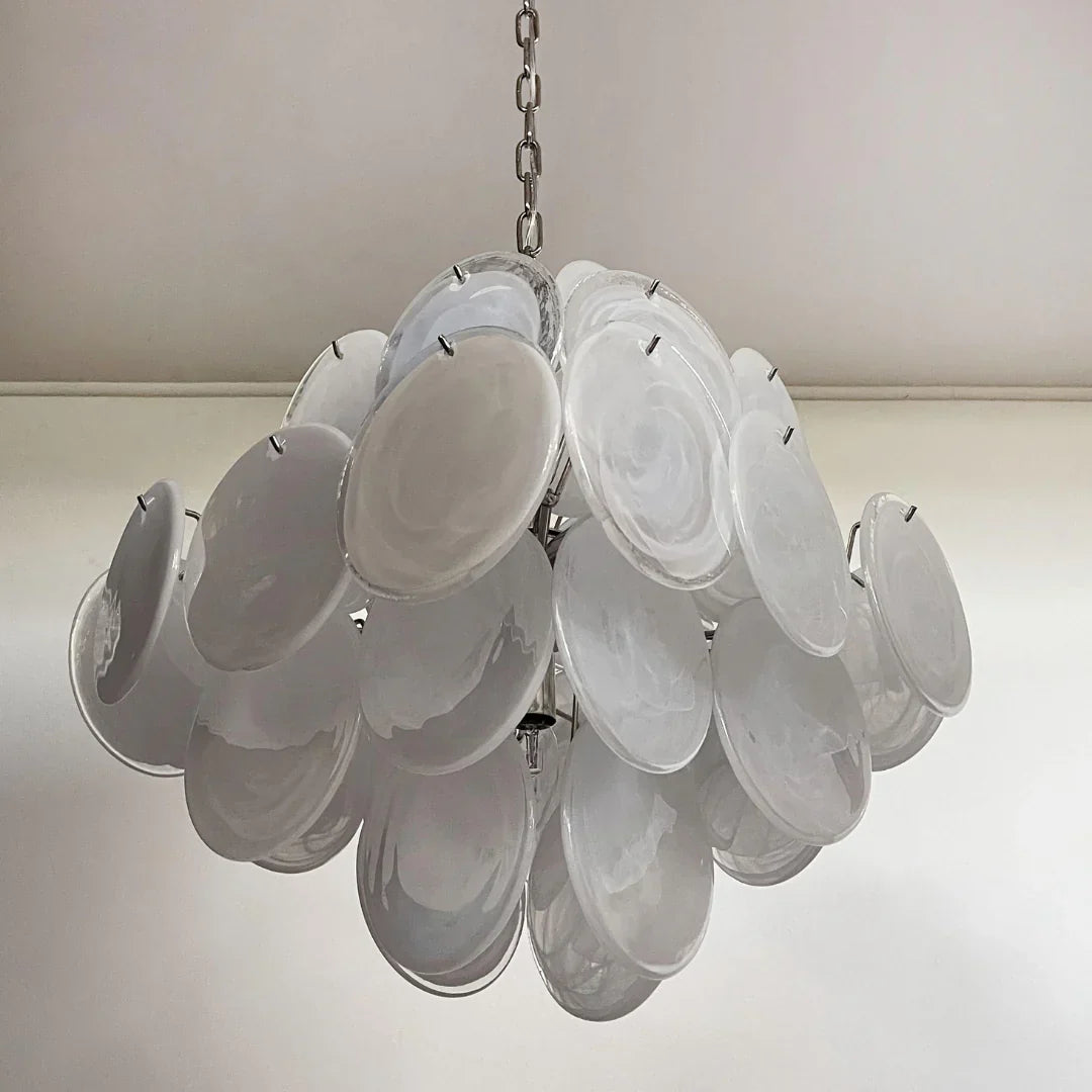 Vintage Murano-Style White Disks Chandelier