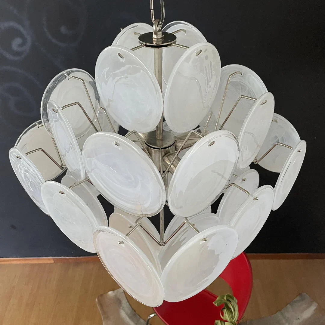 Vintage Murano-Style White Disks Chandelier