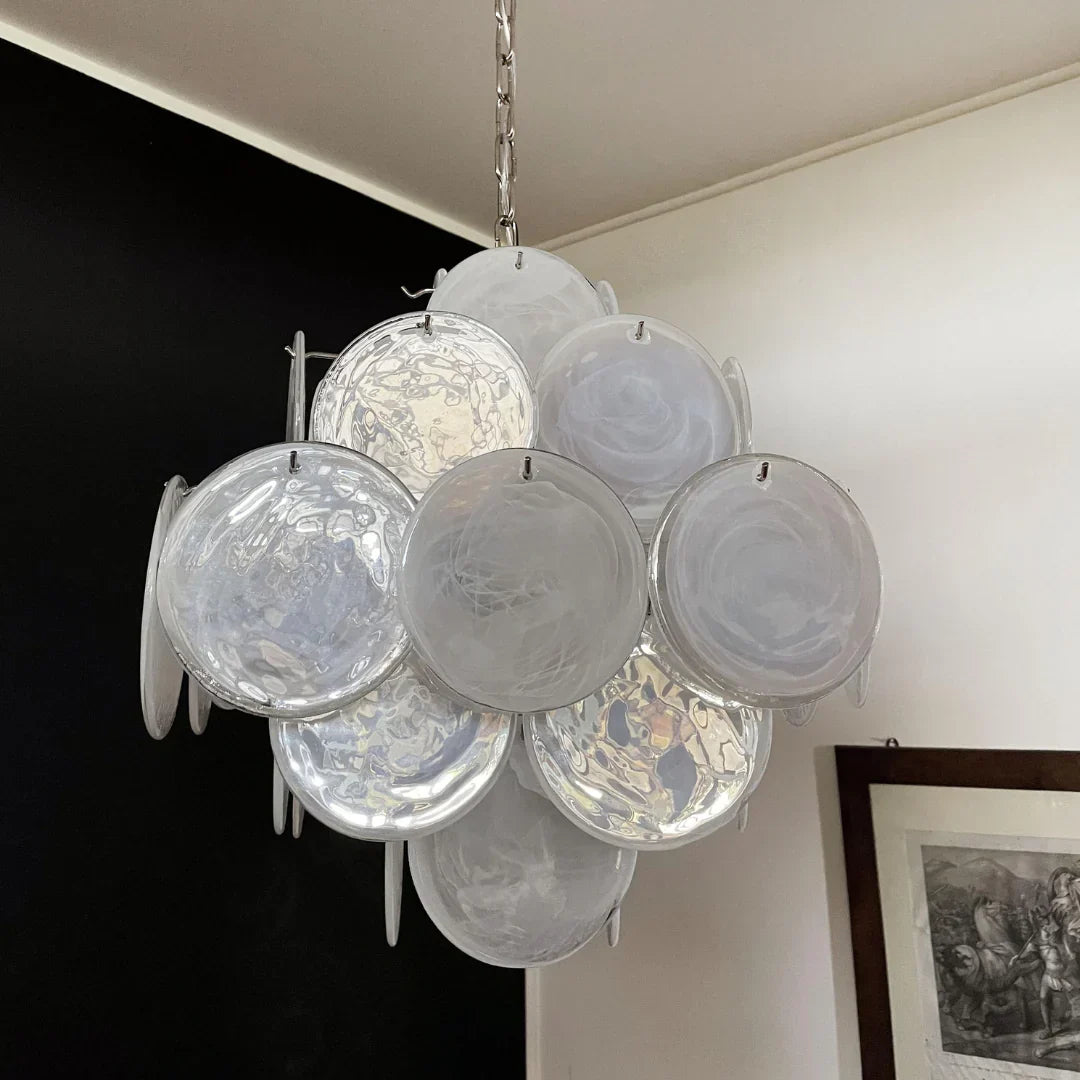 Vintage Murano-Style White Disks Chandelier