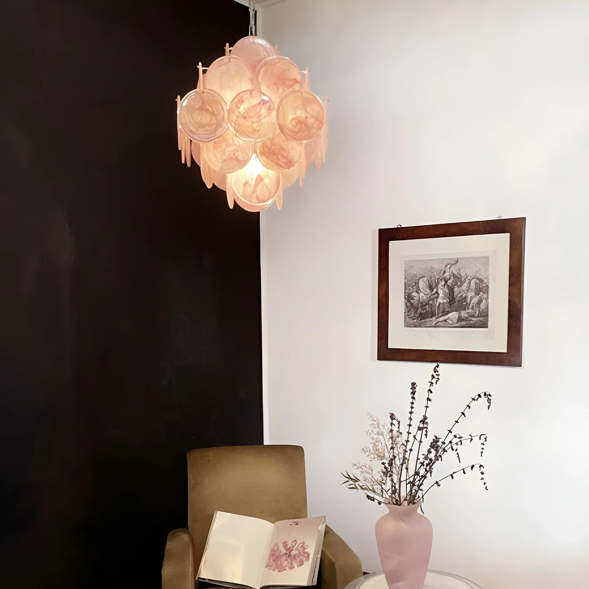 Vintage Murano-Style Pink Disks Chandelier