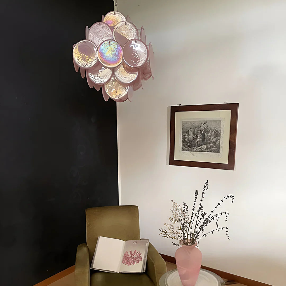 Vintage Murano-Style Pink Disks Chandelier