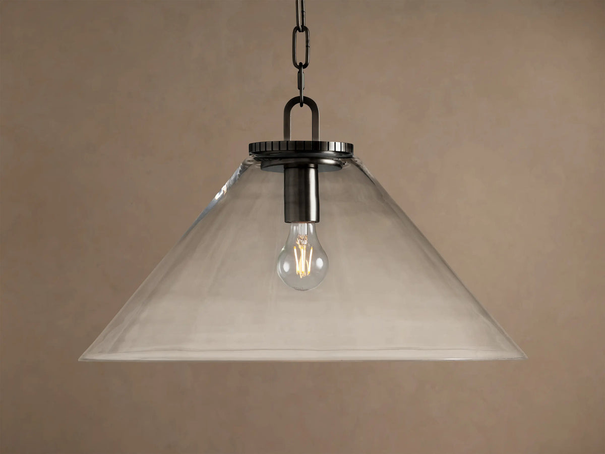 Large Wescott Cone Pendant with Chain in Bronze with Clear Glass