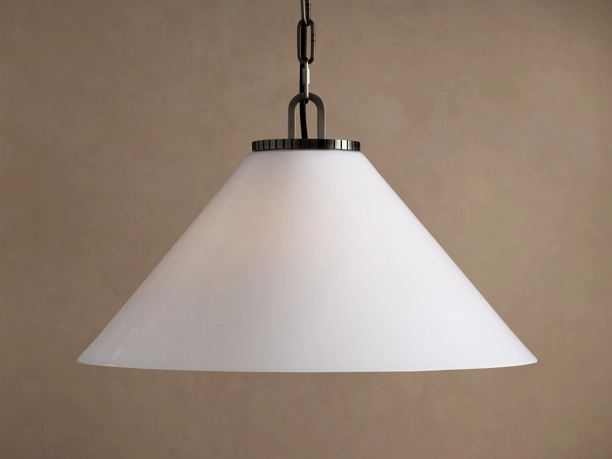 Large Wescott Cone Pendant with Chain in Bronze with Milk Glass